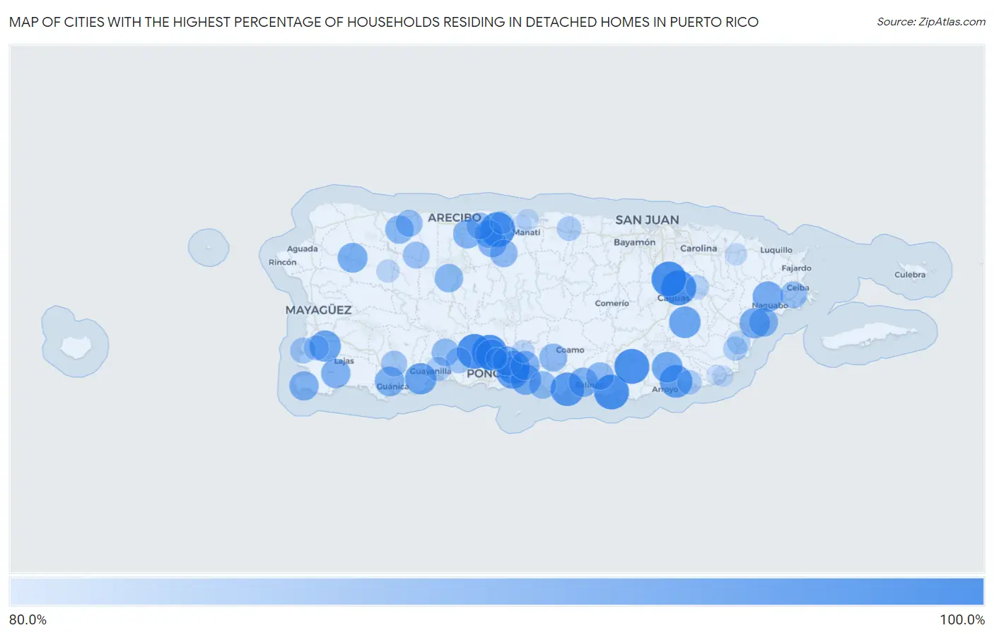 Cities with the Highest Percentage of Households Residing in Detached Homes in Puerto Rico Map