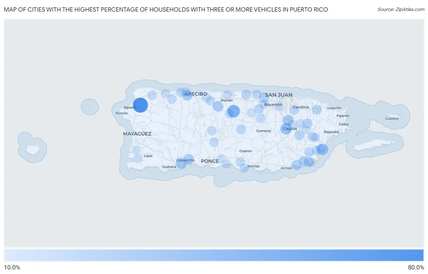Cities with the Highest Percentage of Households With Three or more Vehicles in Puerto Rico Map