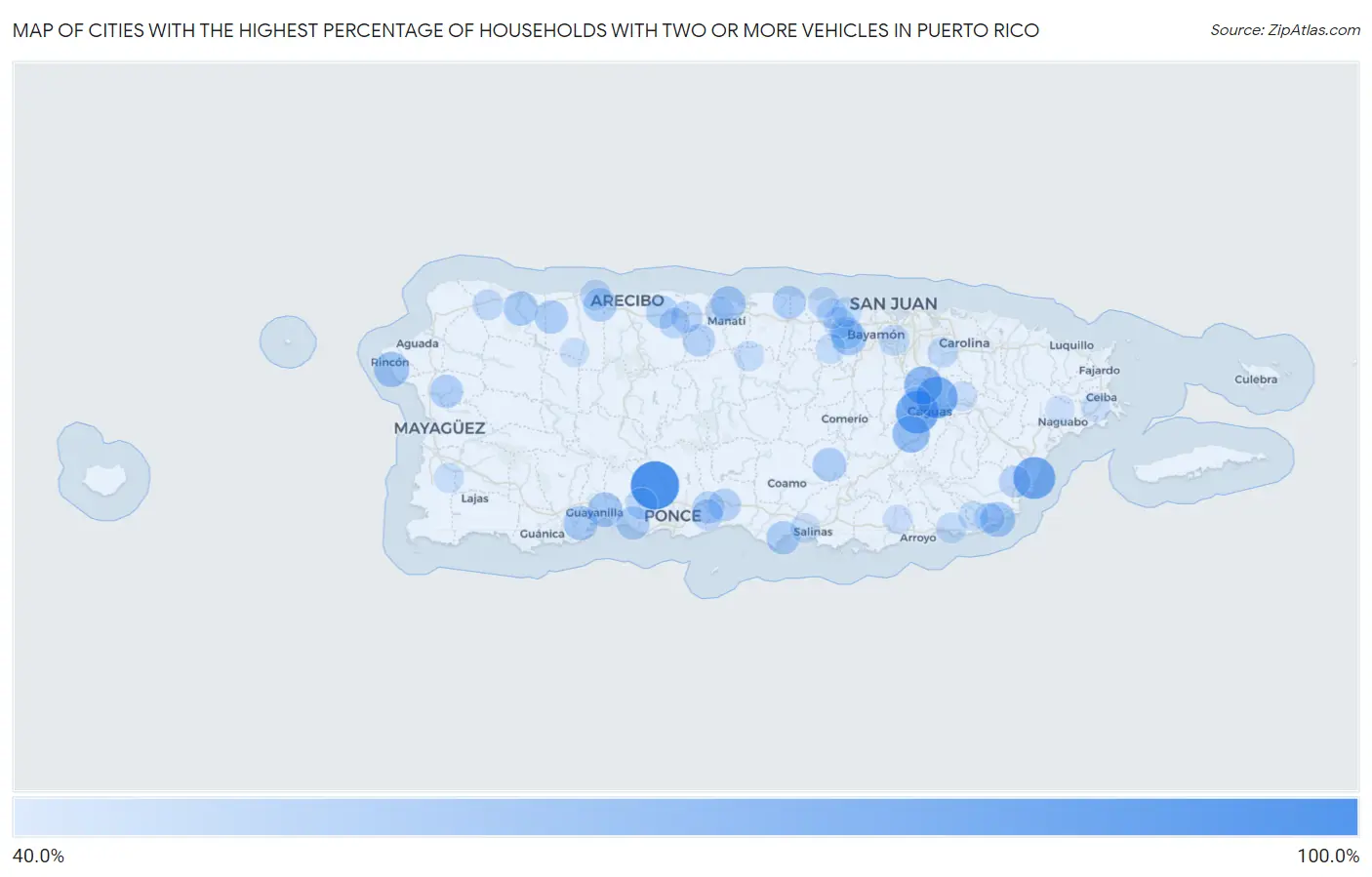 Cities with the Highest Percentage of Households With Two or more Vehicles in Puerto Rico Map