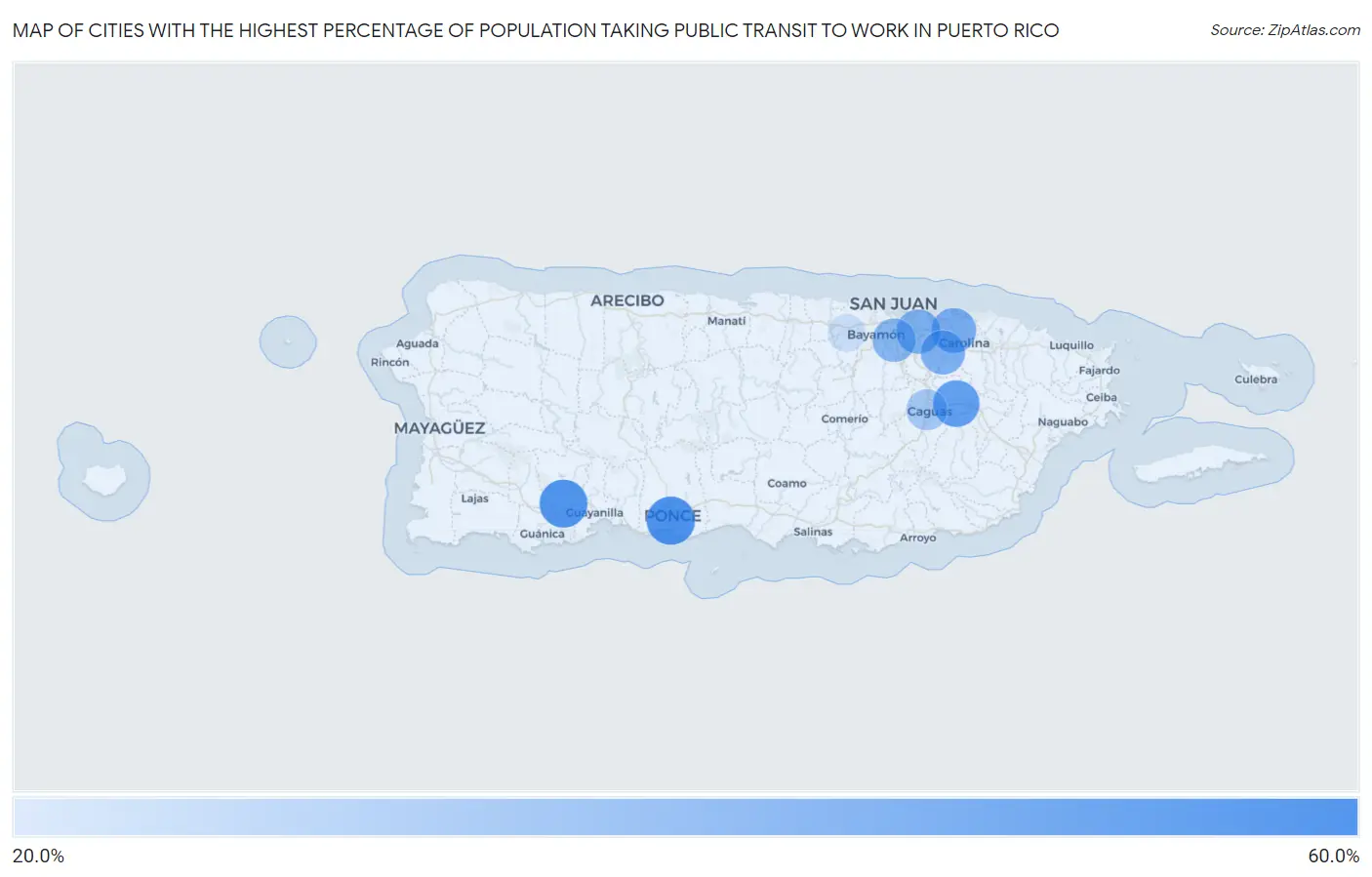Cities with the Highest Percentage of Population Taking Public Transit to Work in Puerto Rico Map