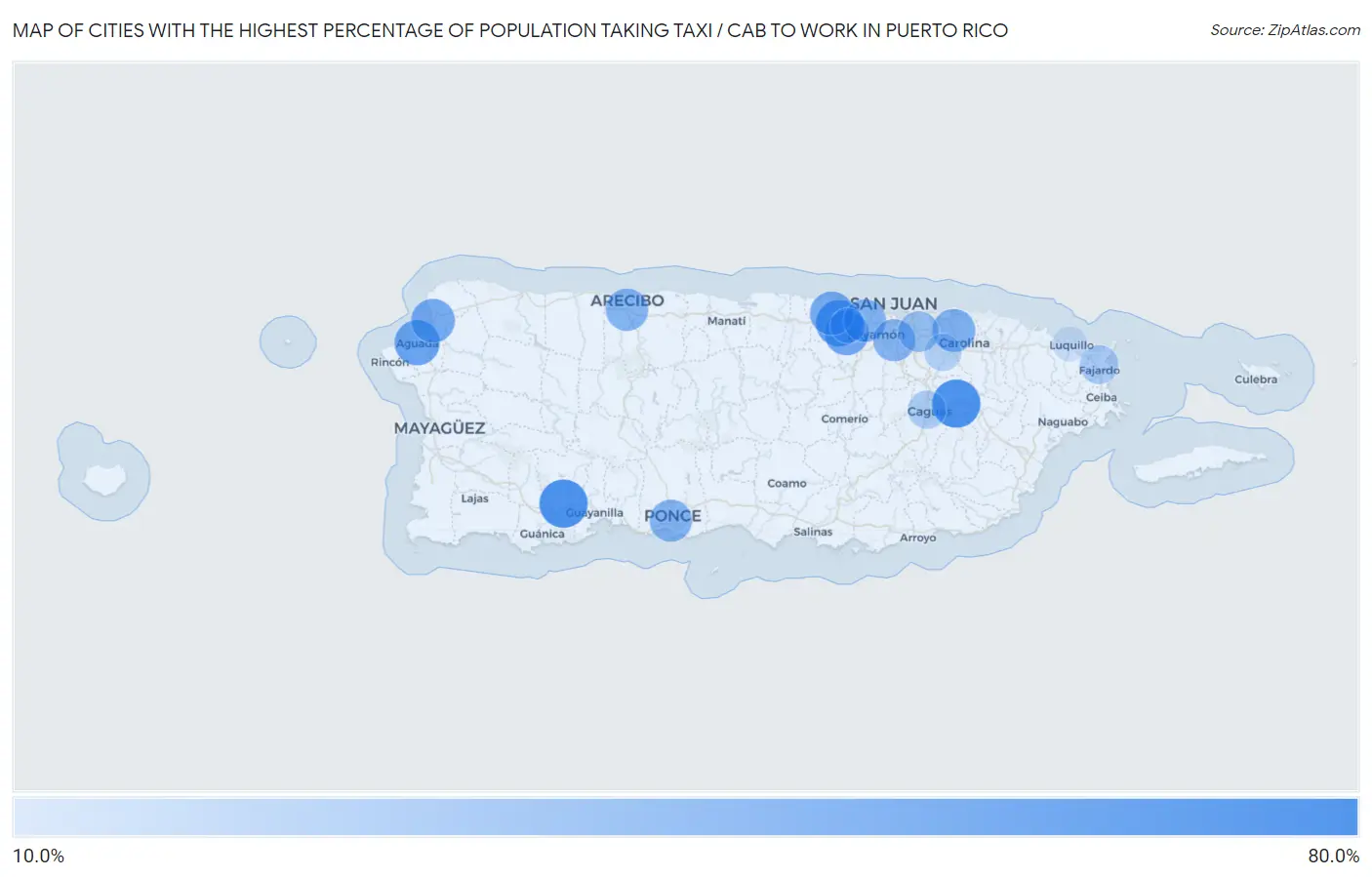 Cities with the Highest Percentage of Population Taking Taxi / Cab to Work in Puerto Rico Map