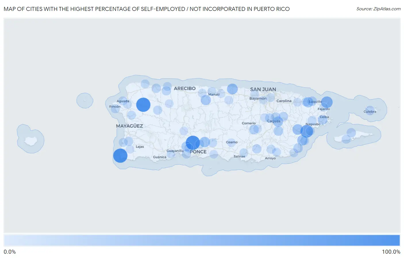 Cities with the Highest Percentage of Self-Employed / Not Incorporated in Puerto Rico Map