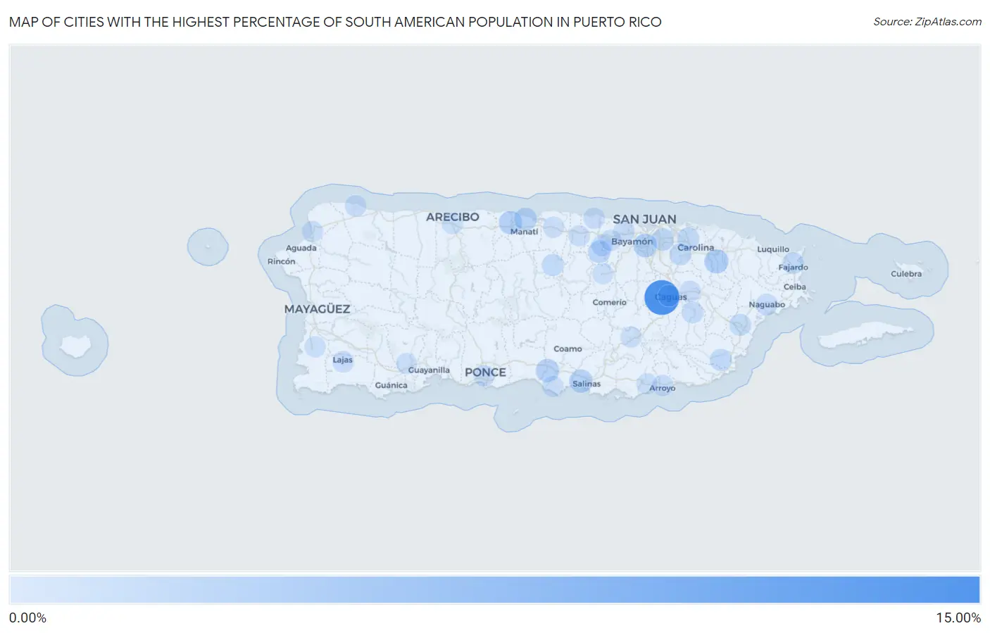 Cities with the Highest Percentage of South American Population in Puerto Rico Map