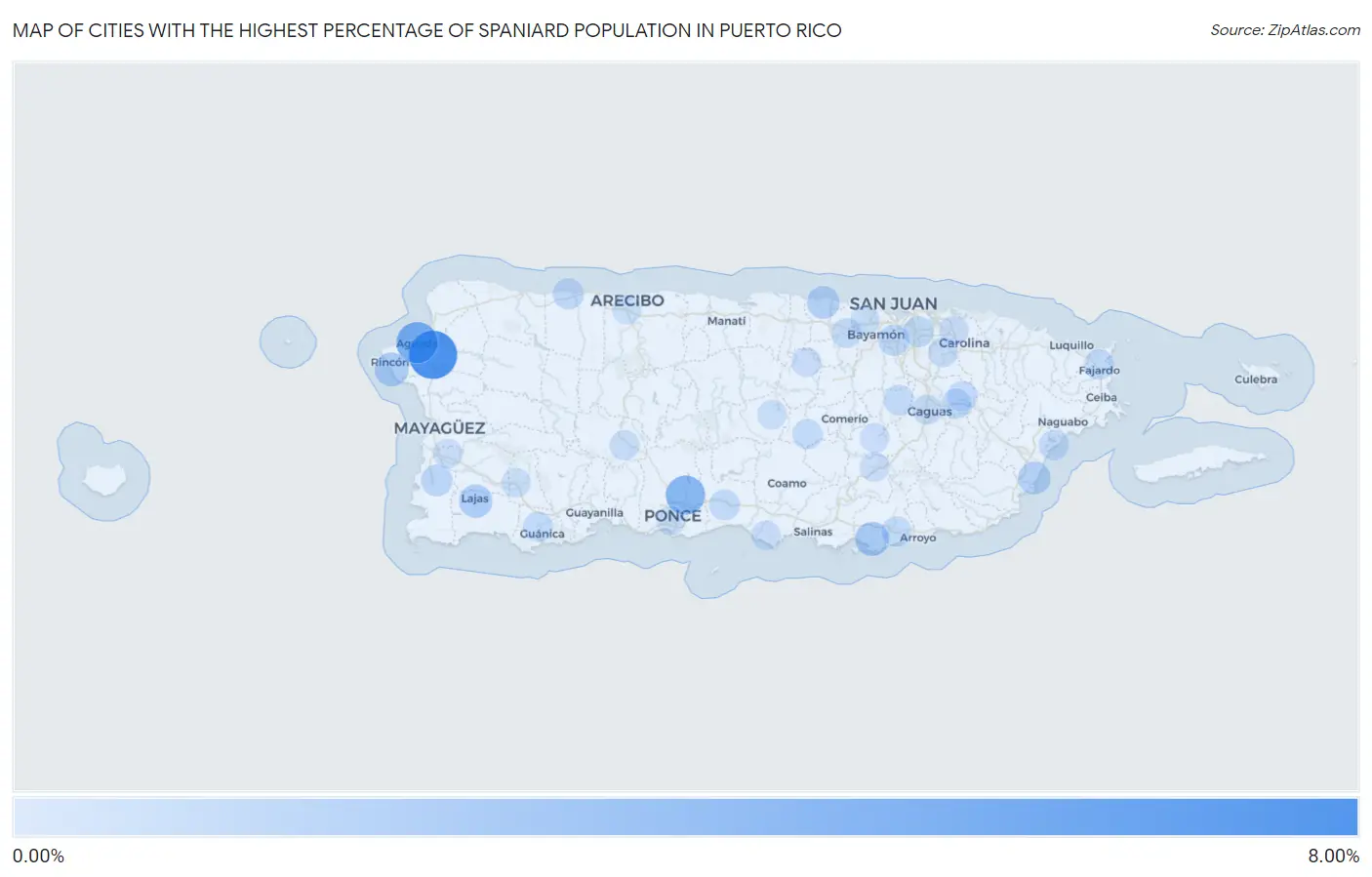 Cities with the Highest Percentage of Spaniard Population in Puerto Rico Map