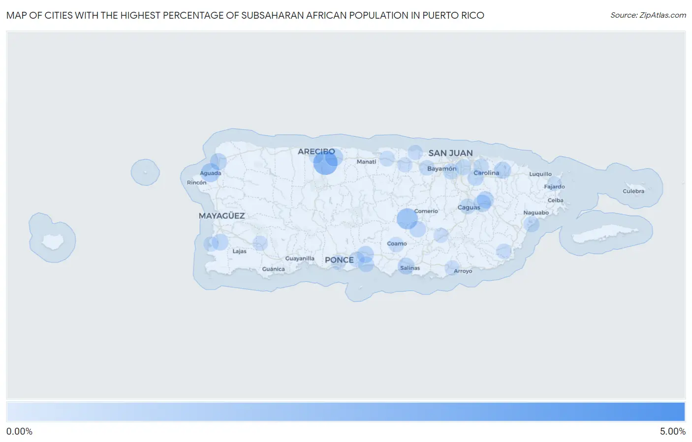 Cities with the Highest Percentage of Subsaharan African Population in Puerto Rico Map