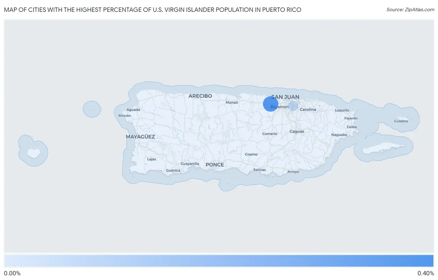 Cities with the Highest Percentage of U.S. Virgin Islander Population in Puerto Rico Map