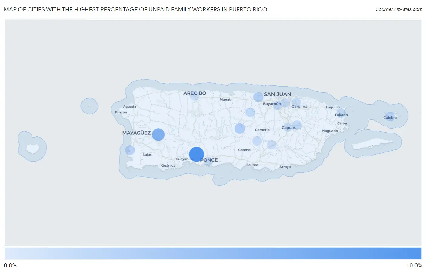 Cities with the Highest Percentage of Unpaid Family Workers in Puerto Rico Map