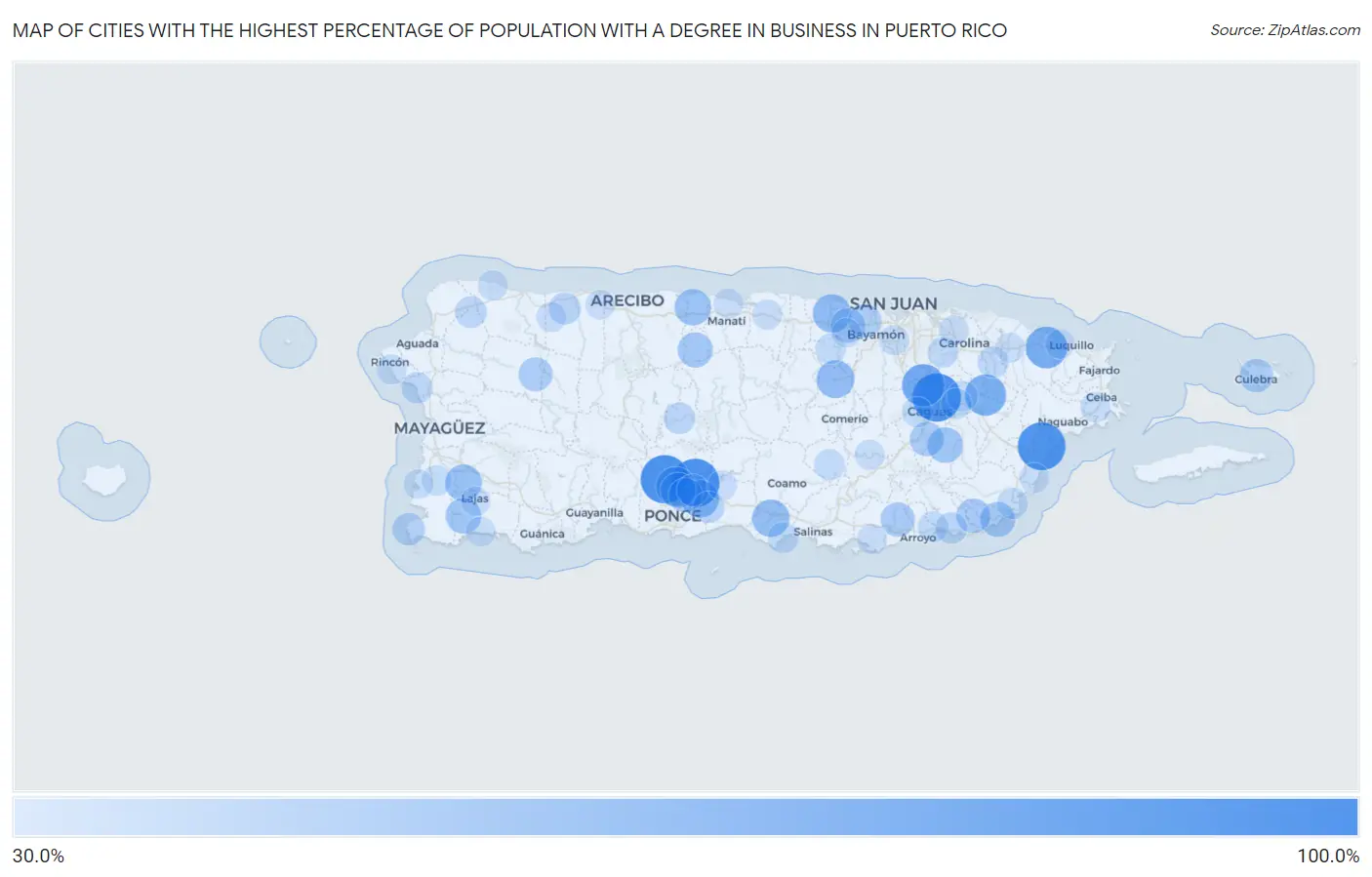 Cities with the Highest Percentage of Population with a Degree in Business in Puerto Rico Map