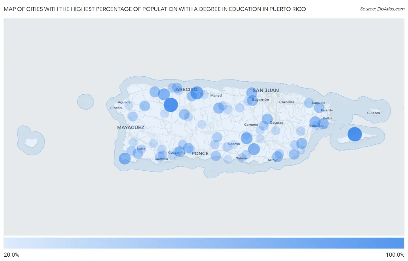Cities with the Highest Percentage of Population with a Degree in Education in Puerto Rico Map