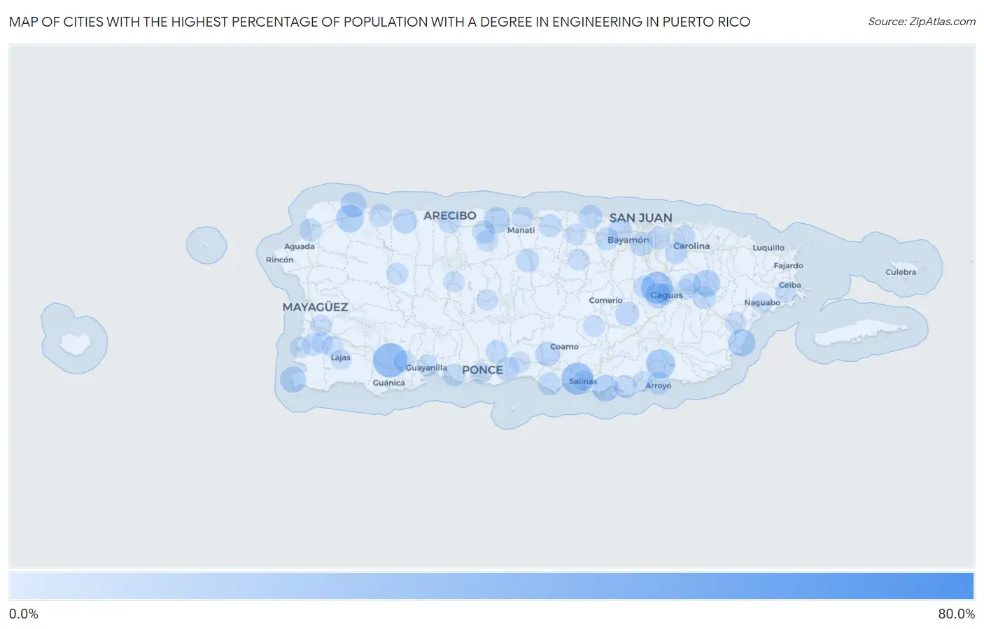Cities with the Highest Percentage of Population with a Degree in Engineering in Puerto Rico Map