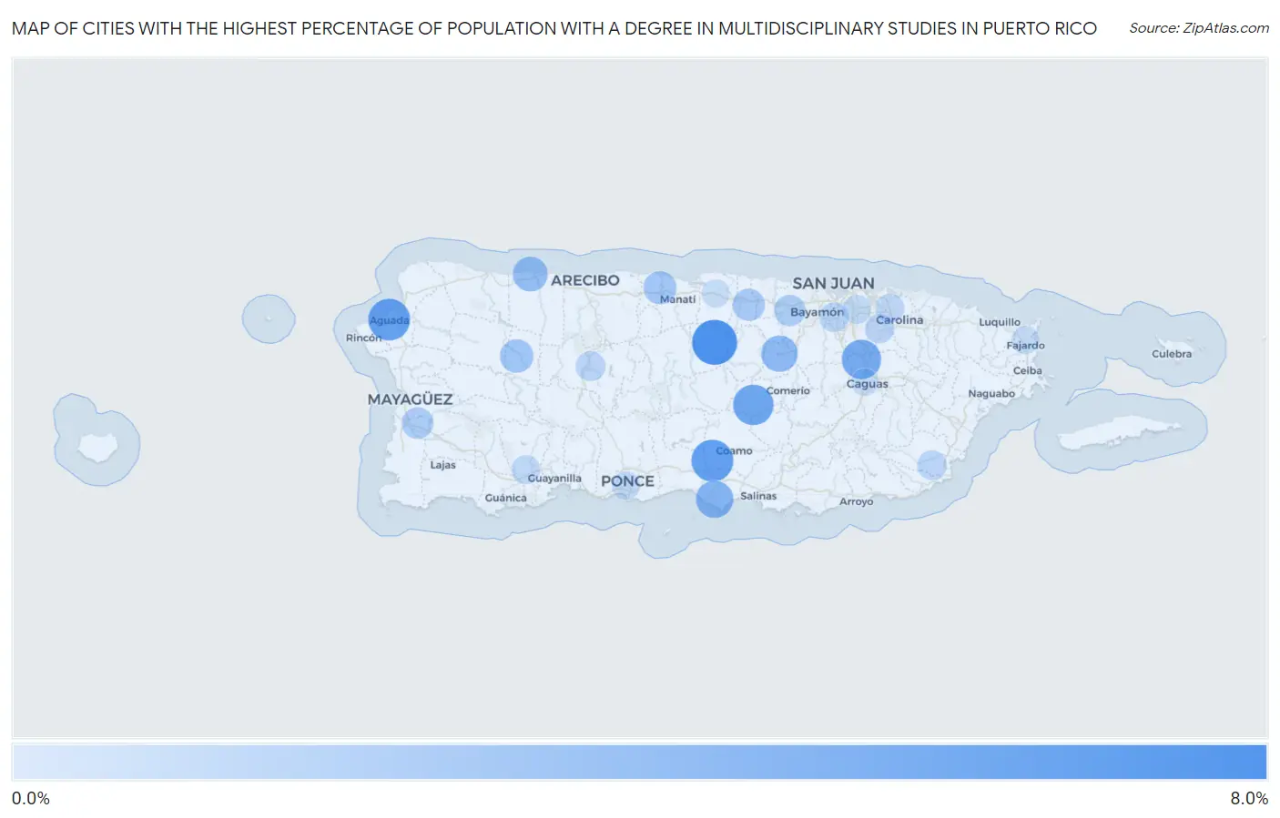 Cities with the Highest Percentage of Population with a Degree in Multidisciplinary Studies in Puerto Rico Map