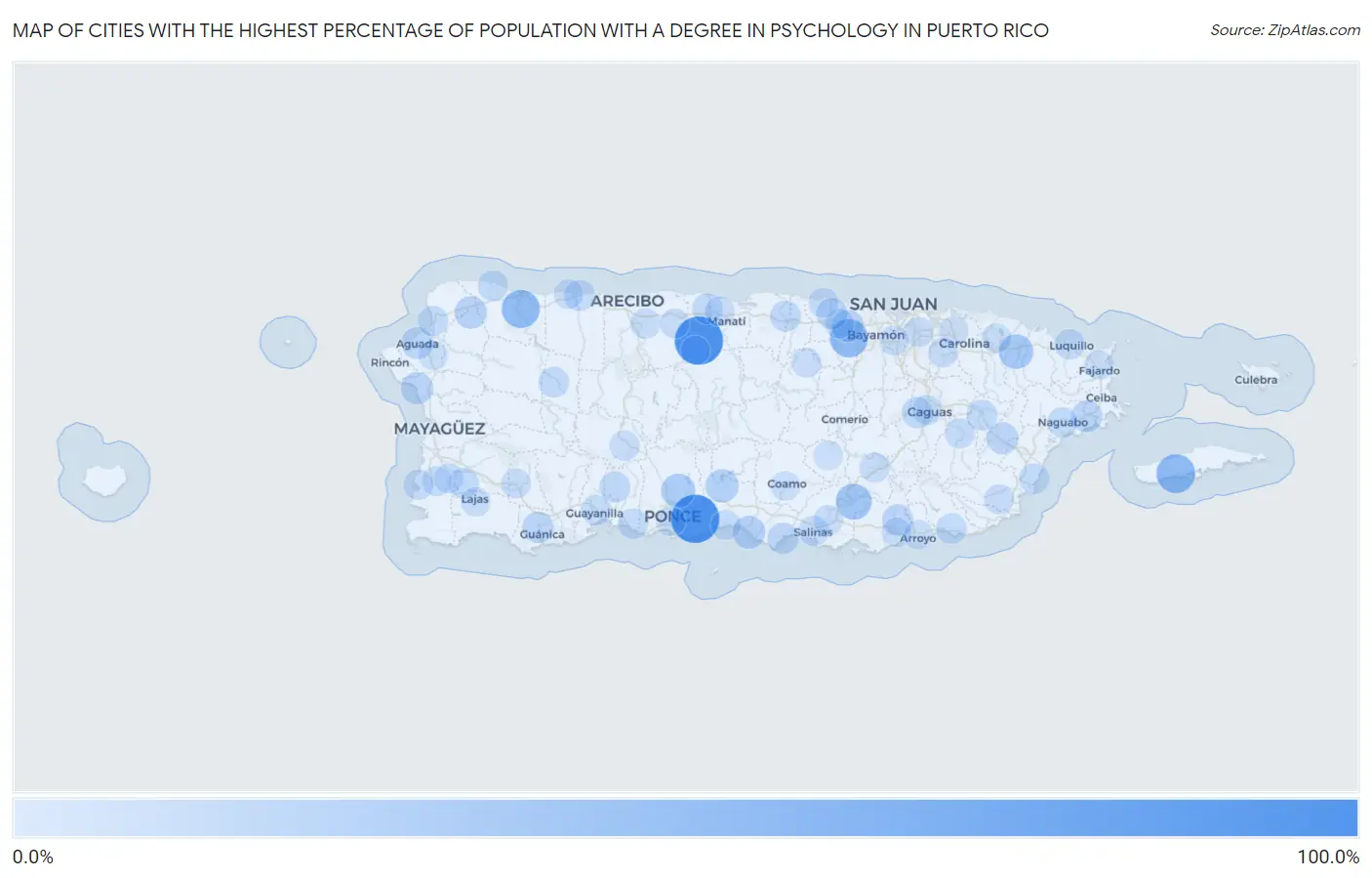Cities with the Highest Percentage of Population with a Degree in Psychology in Puerto Rico Map