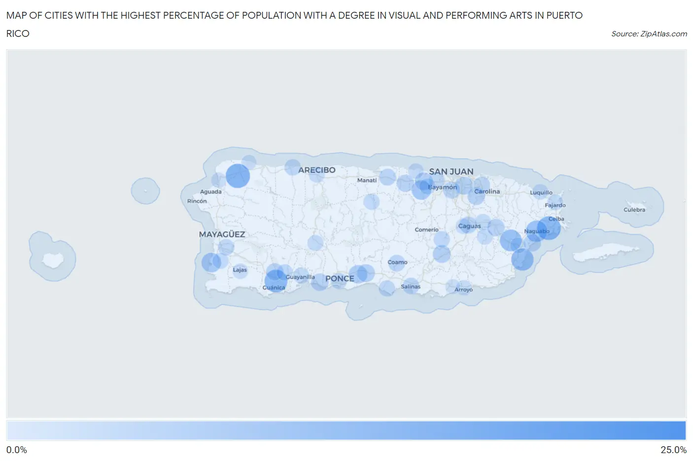 Cities with the Highest Percentage of Population with a Degree in Visual and Performing Arts in Puerto Rico Map