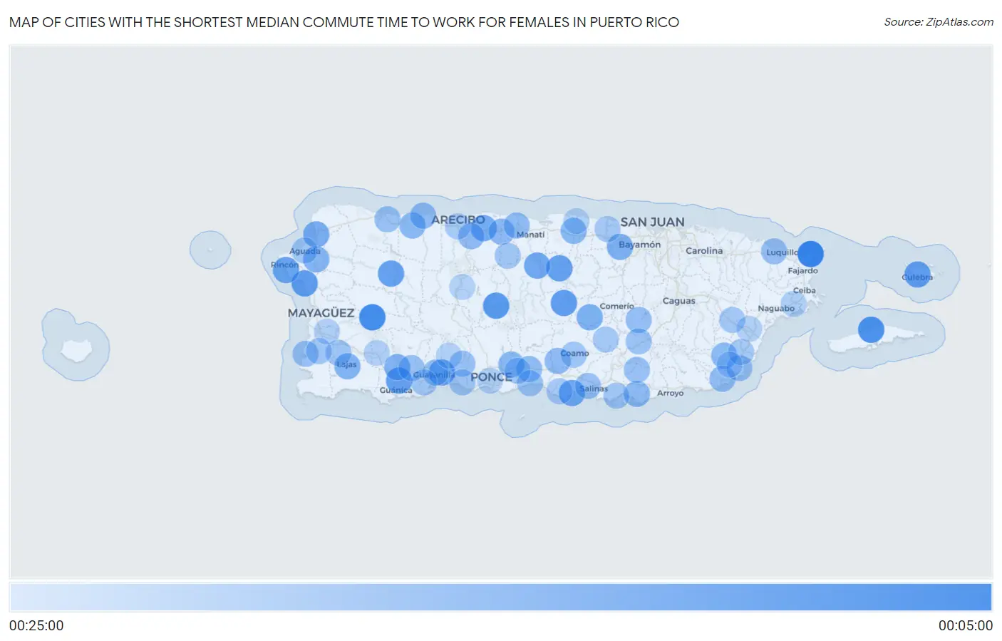 Cities with the Shortest Median Commute Time to Work for Females in Puerto Rico Map