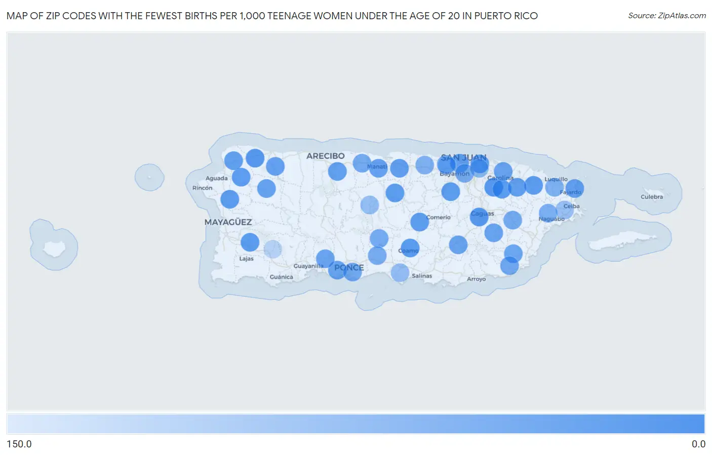 Zip Codes with the Fewest Births per 1,000 Teenage Women Under the Age of 20 in Puerto Rico Map