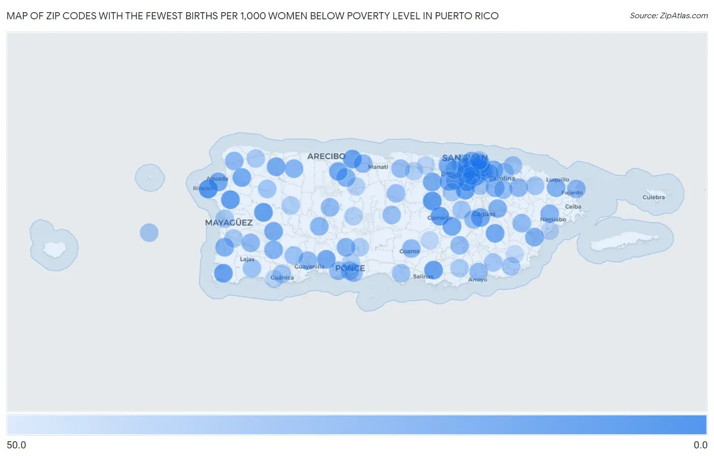 Zip Codes with the Fewest Births per 1,000 Women Below Poverty Level in Puerto Rico Map