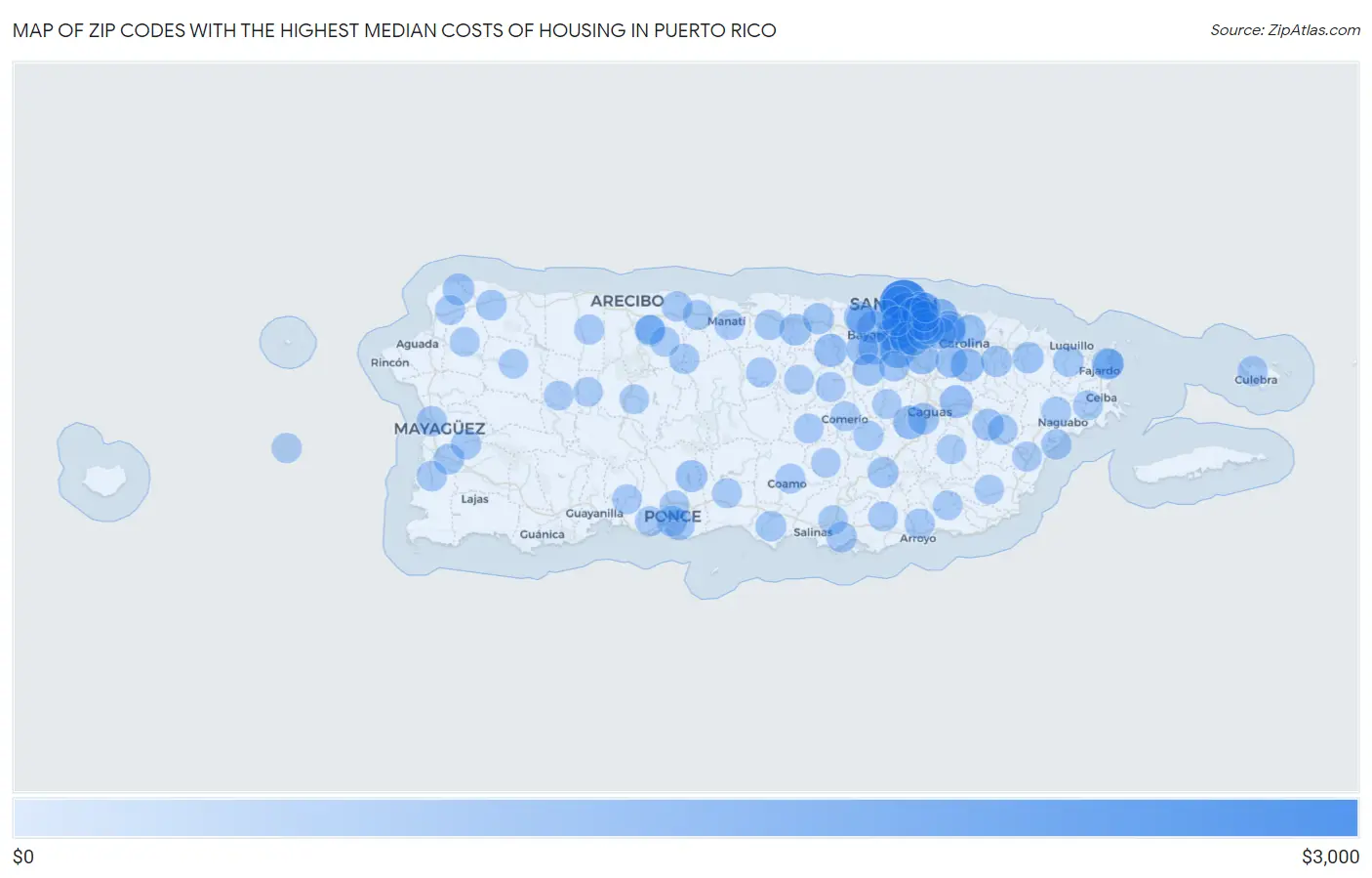 Zip Codes with the Highest Median Costs of Housing in Puerto Rico Map