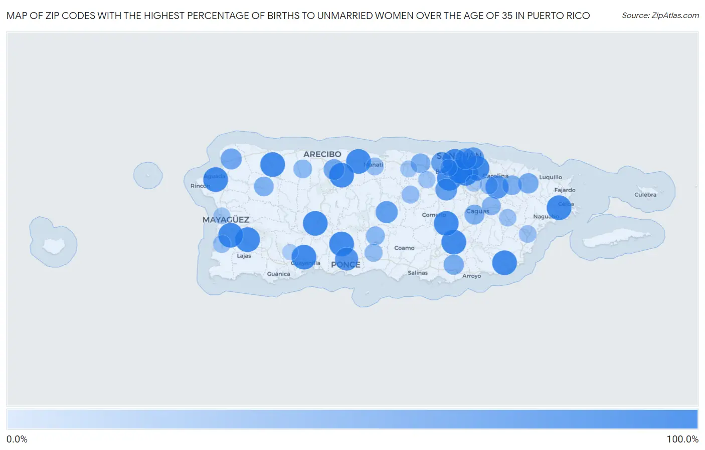 Zip Codes with the Highest Percentage of Births to Unmarried Women over the Age of 35 in Puerto Rico Map