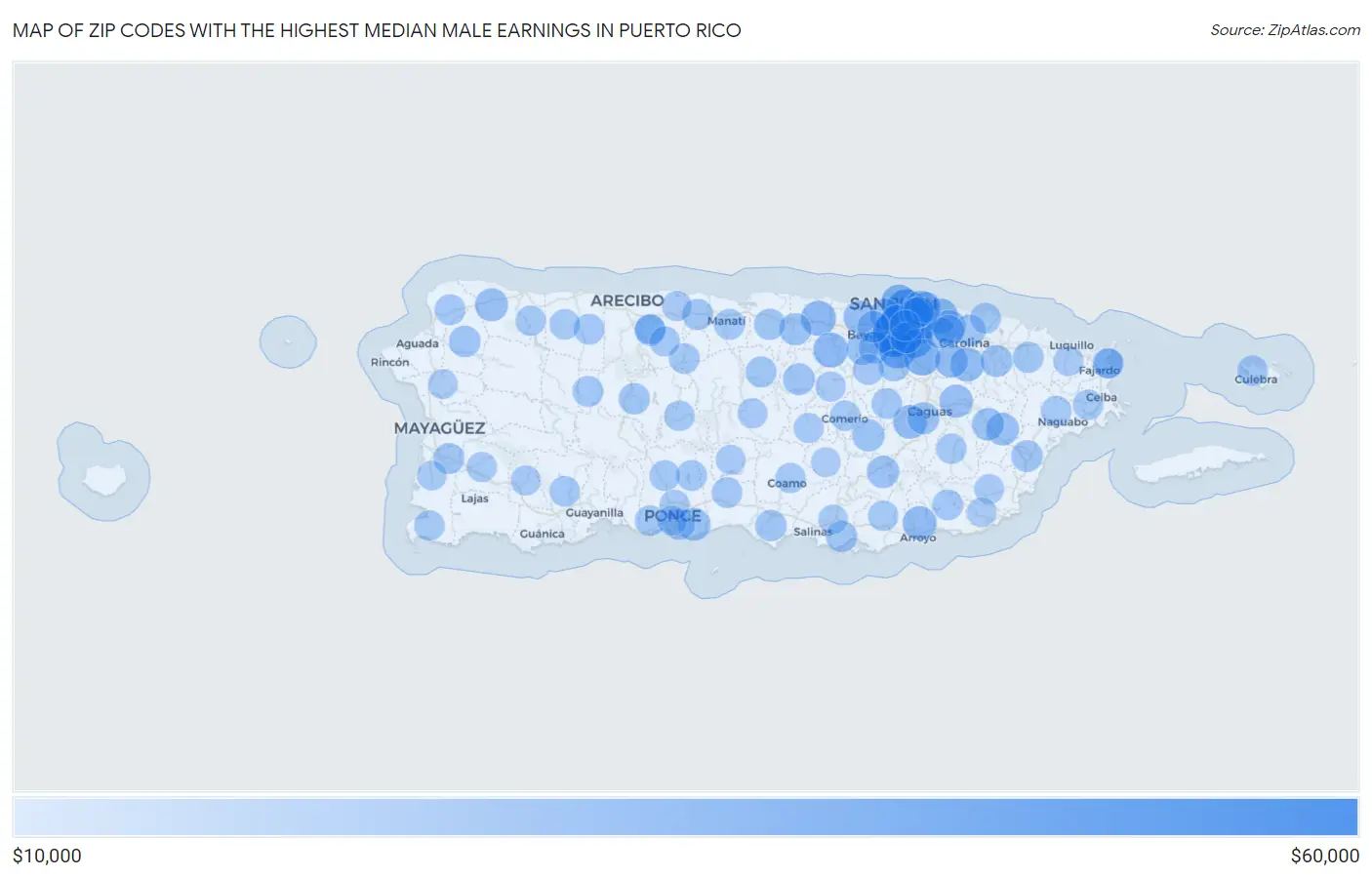 Zip Codes with the Highest Median Male Earnings in Puerto Rico Map
