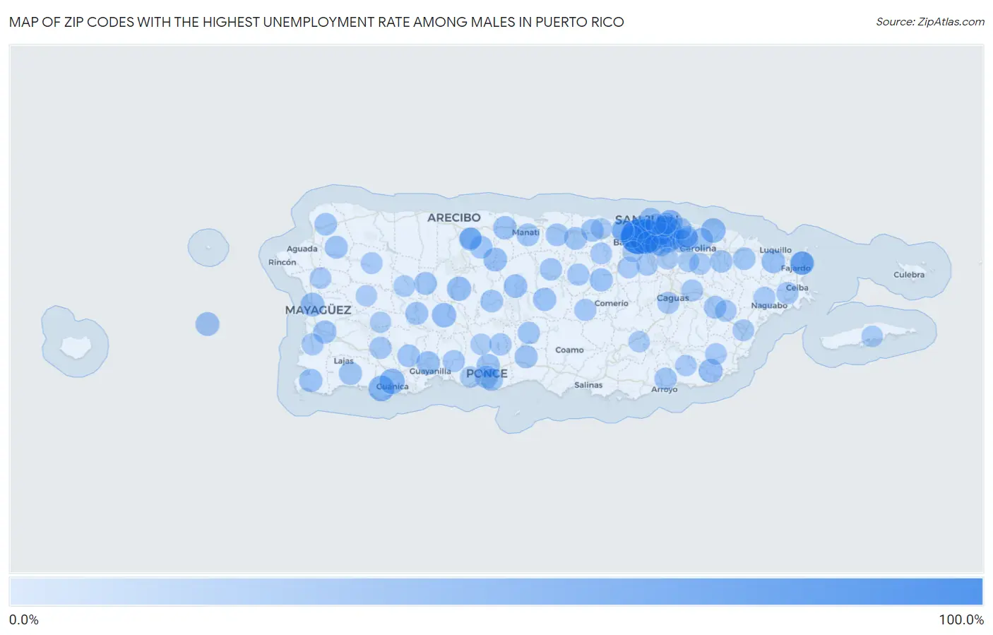 Zip Codes with the Highest Unemployment Rate Among Males in Puerto Rico Map