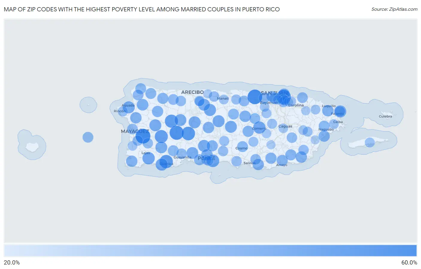 Zip Codes with the Highest Poverty Level Among Married Couples in Puerto Rico Map