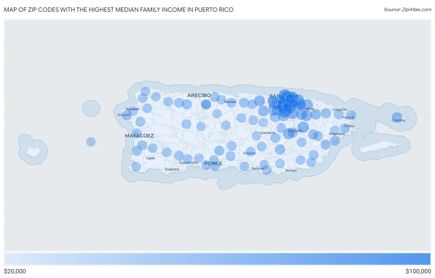 Zip Codes with the Highest Median Family Income in Puerto Rico Map