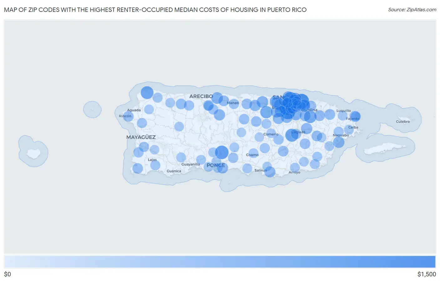 Zip Codes with the Highest Renter-Occupied Median Costs of Housing in Puerto Rico Map