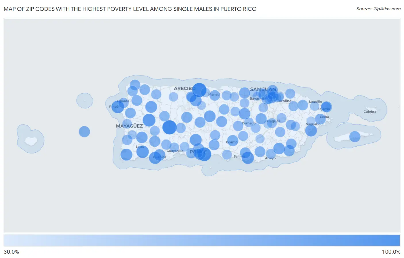 Zip Codes with the Highest Poverty Level Among Single Males in Puerto Rico Map