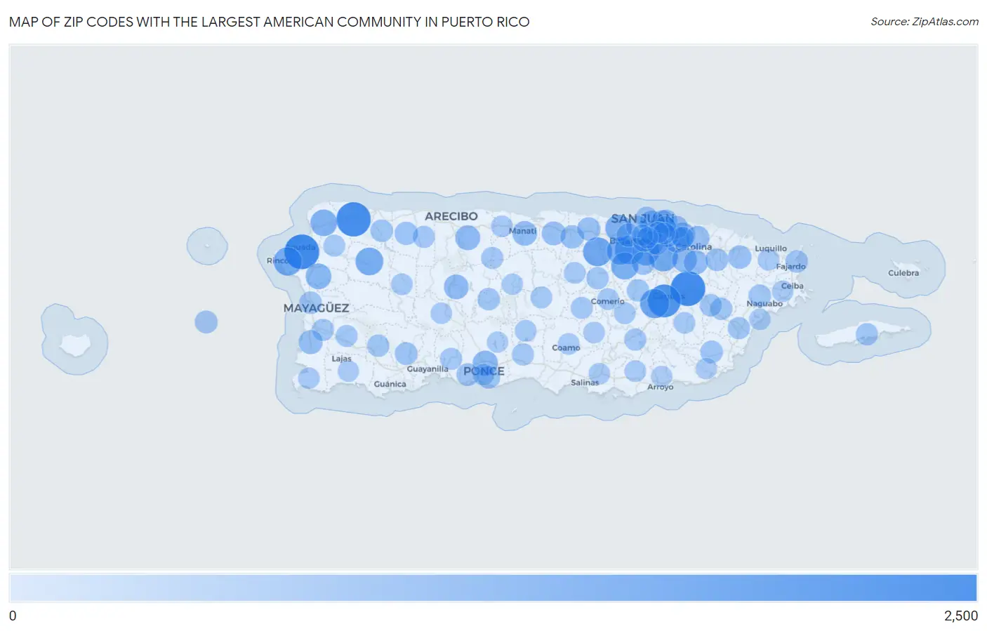 Zip Codes with the Largest American Community in Puerto Rico Map