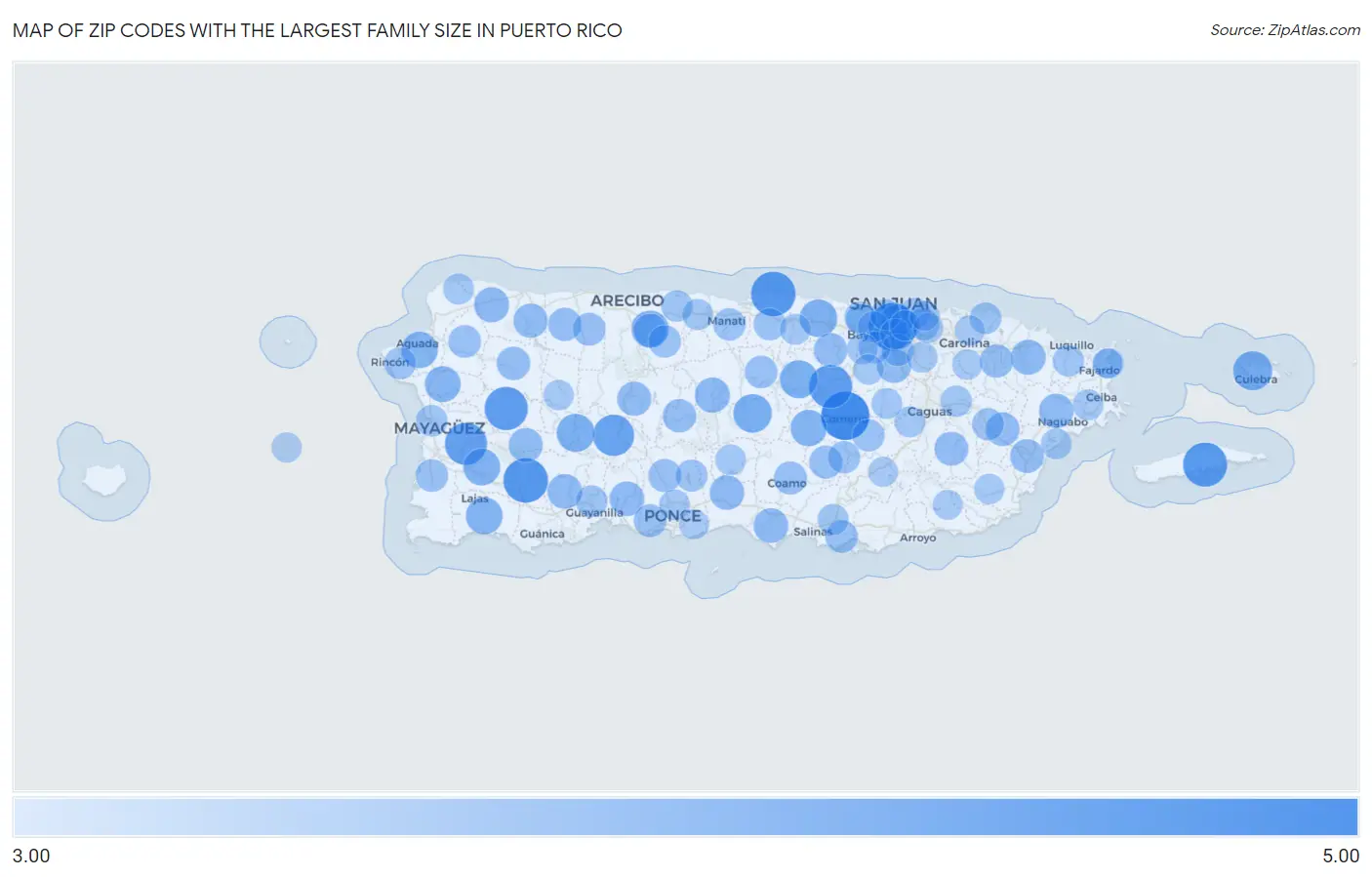 Zip Codes with the Largest Family Size in Puerto Rico Map