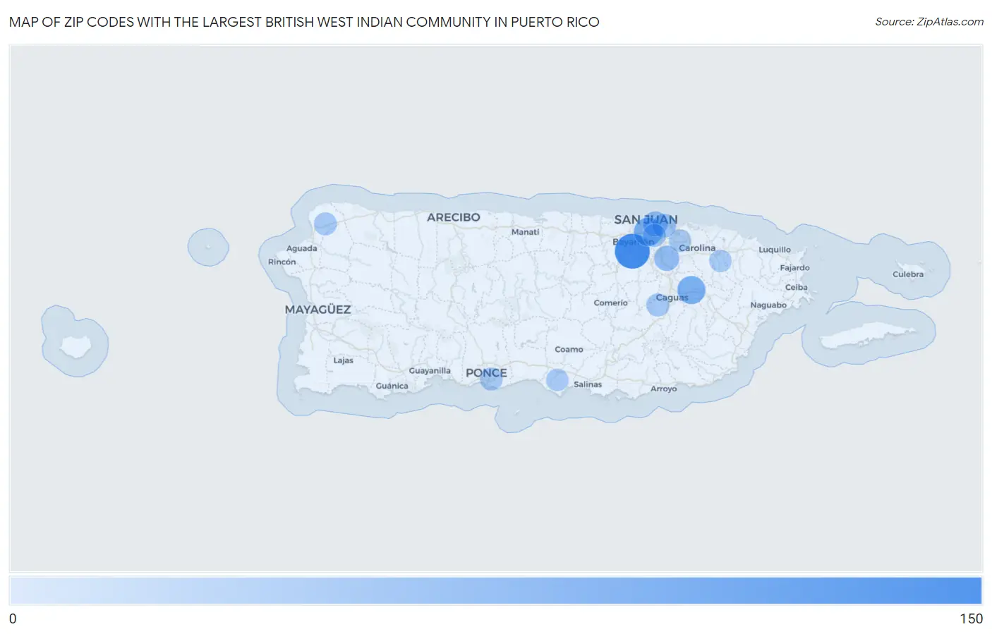 Zip Codes with the Largest British West Indian Community in Puerto Rico Map