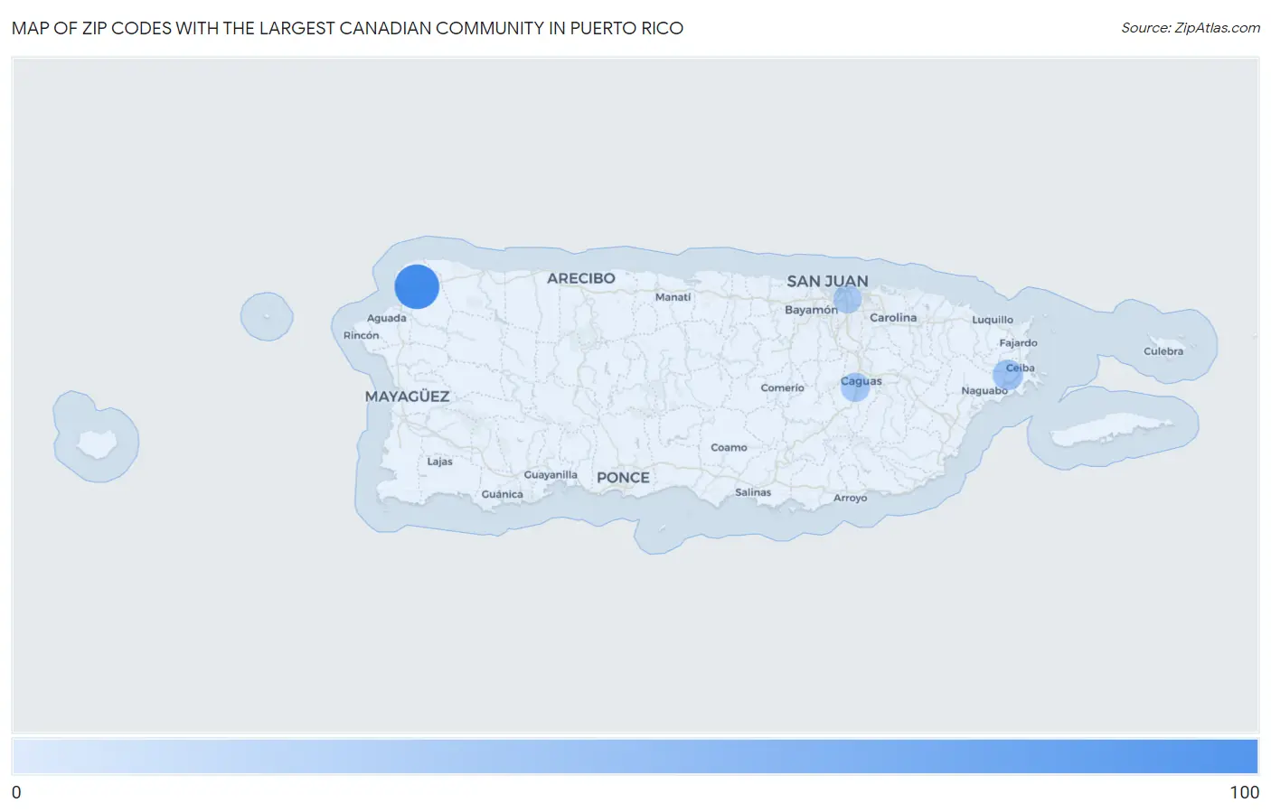 Zip Codes with the Largest Canadian Community in Puerto Rico Map