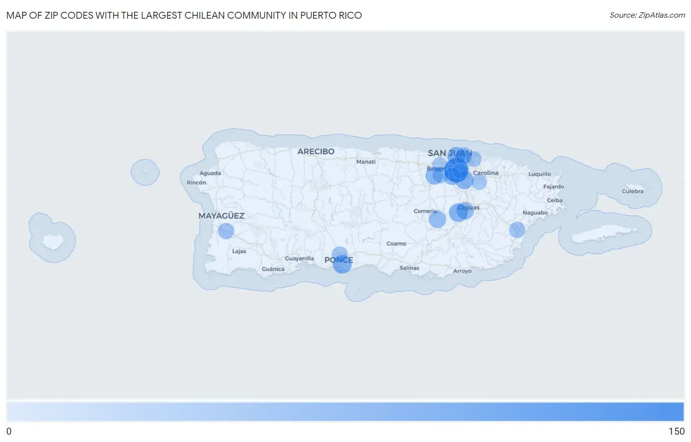 Zip Codes with the Largest Chilean Community in Puerto Rico Map