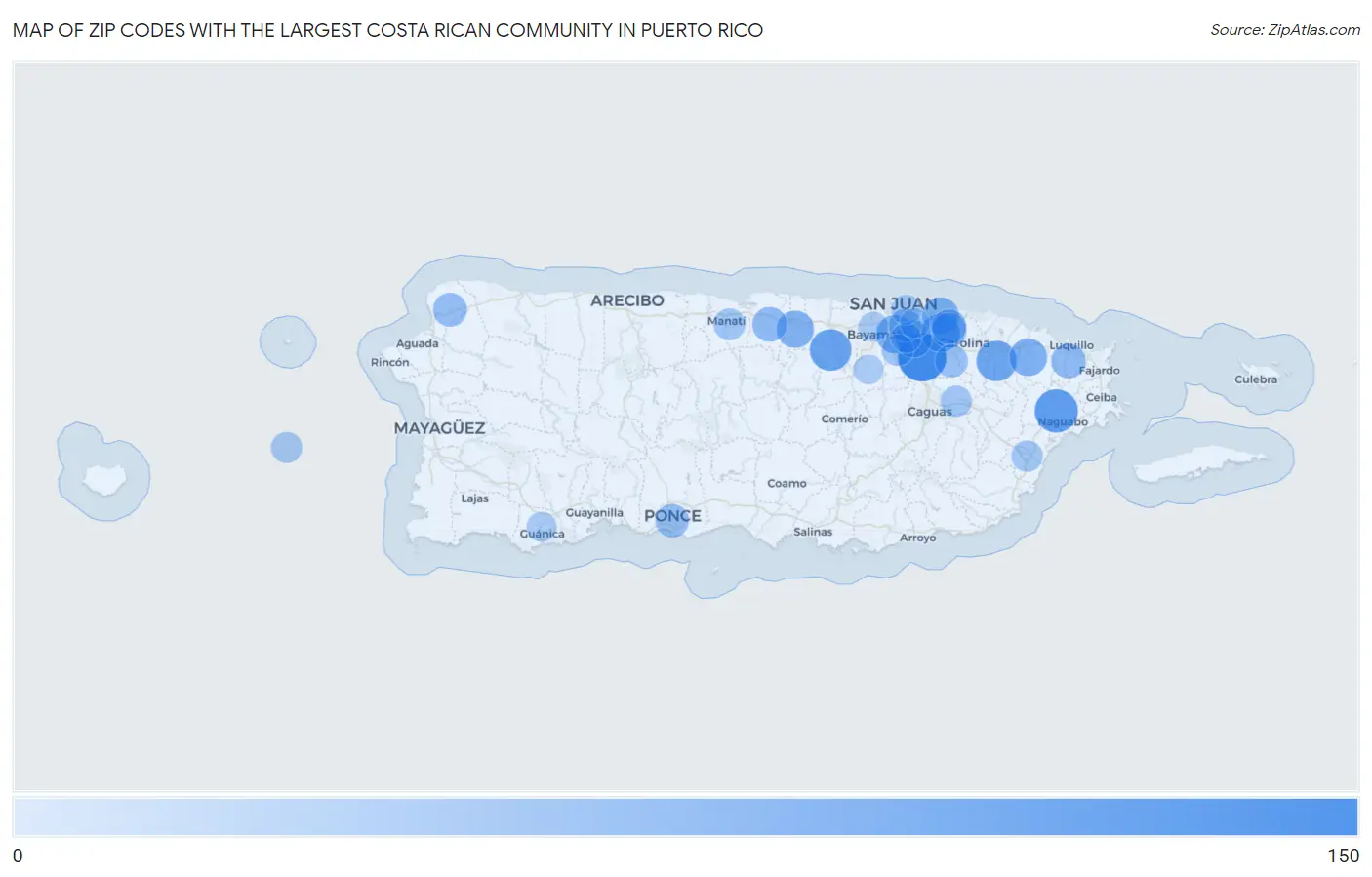 Zip Codes with the Largest Costa Rican Community in Puerto Rico Map