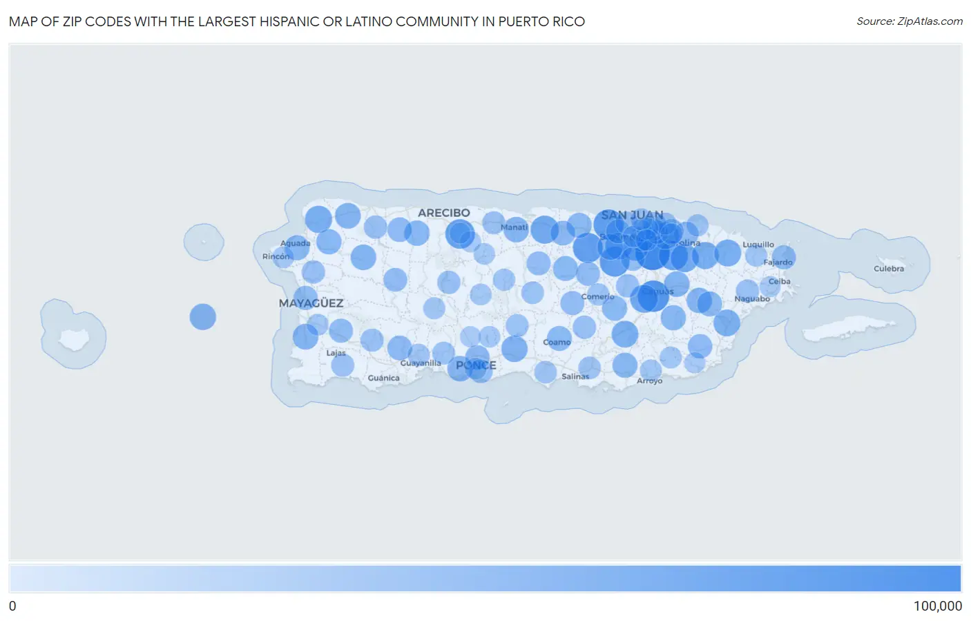 Zip Codes with the Largest Hispanic or Latino Community in Puerto Rico Map