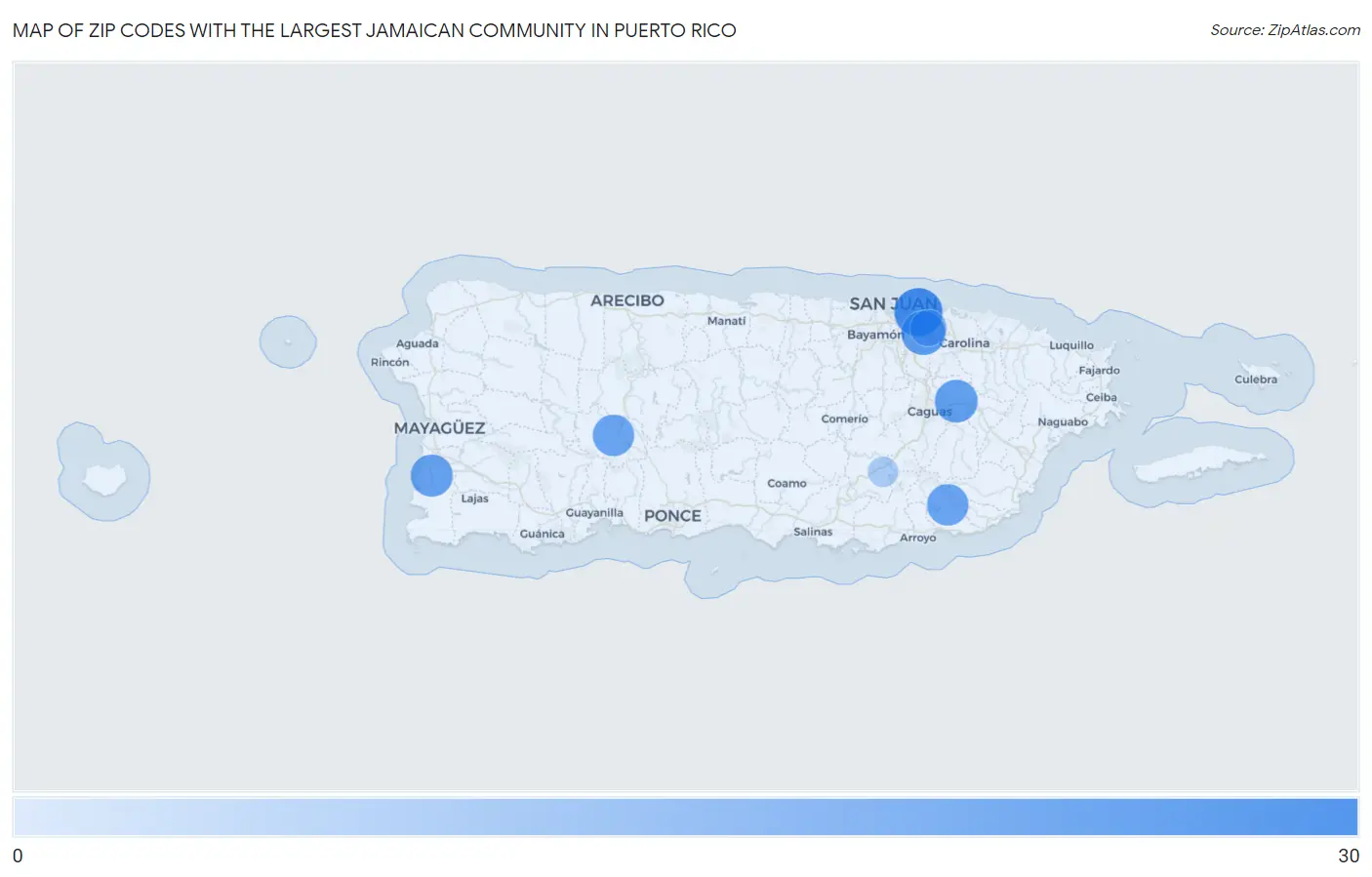 Zip Codes with the Largest Jamaican Community in Puerto Rico Map
