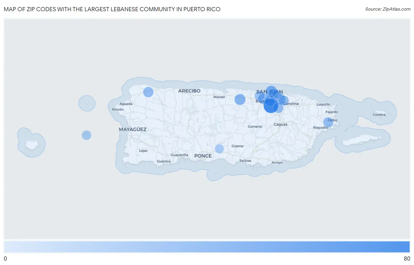 Zip Codes with the Largest Lebanese Community in Puerto Rico Map