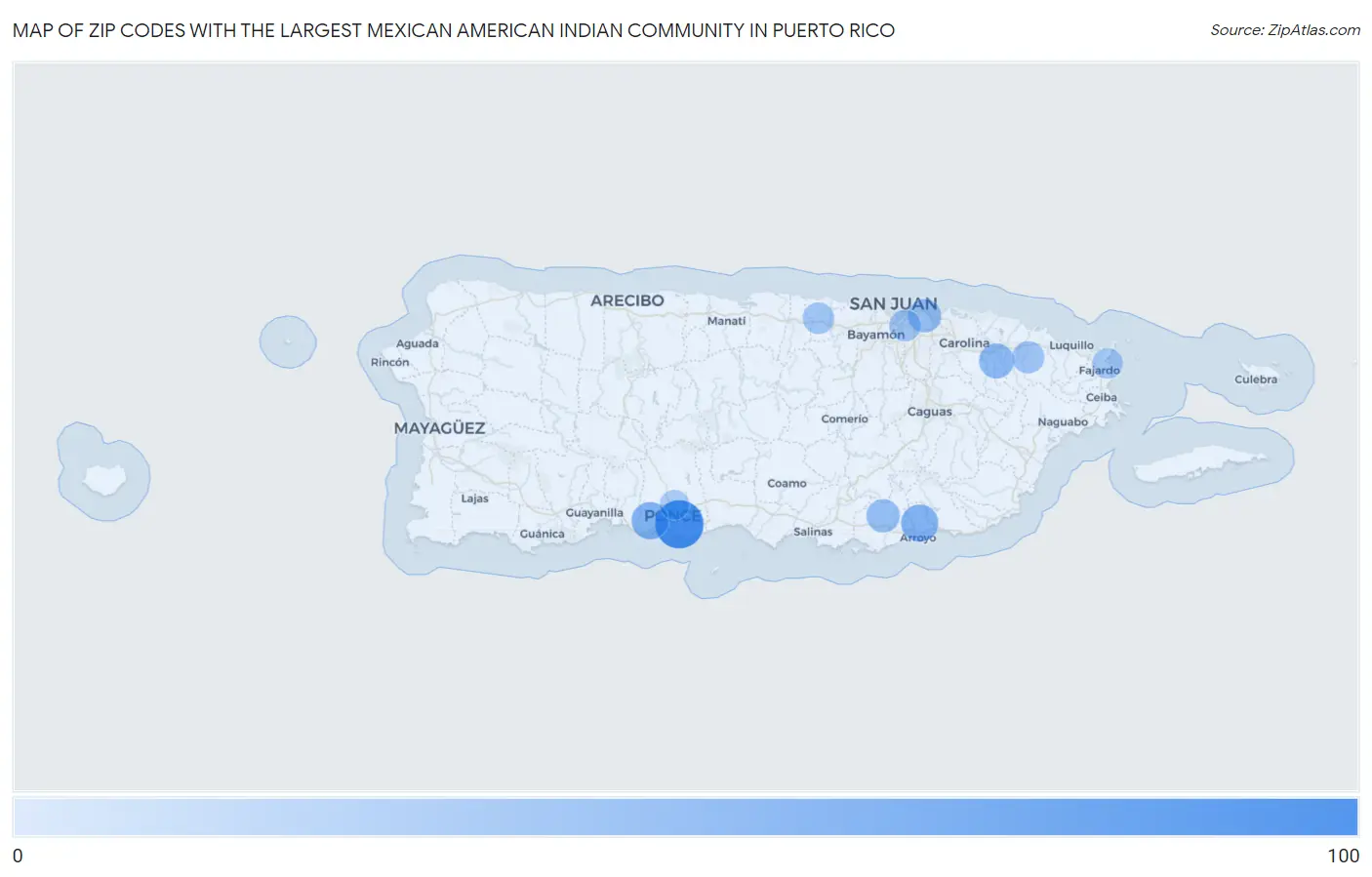 Zip Codes with the Largest Mexican American Indian Community in Puerto Rico Map
