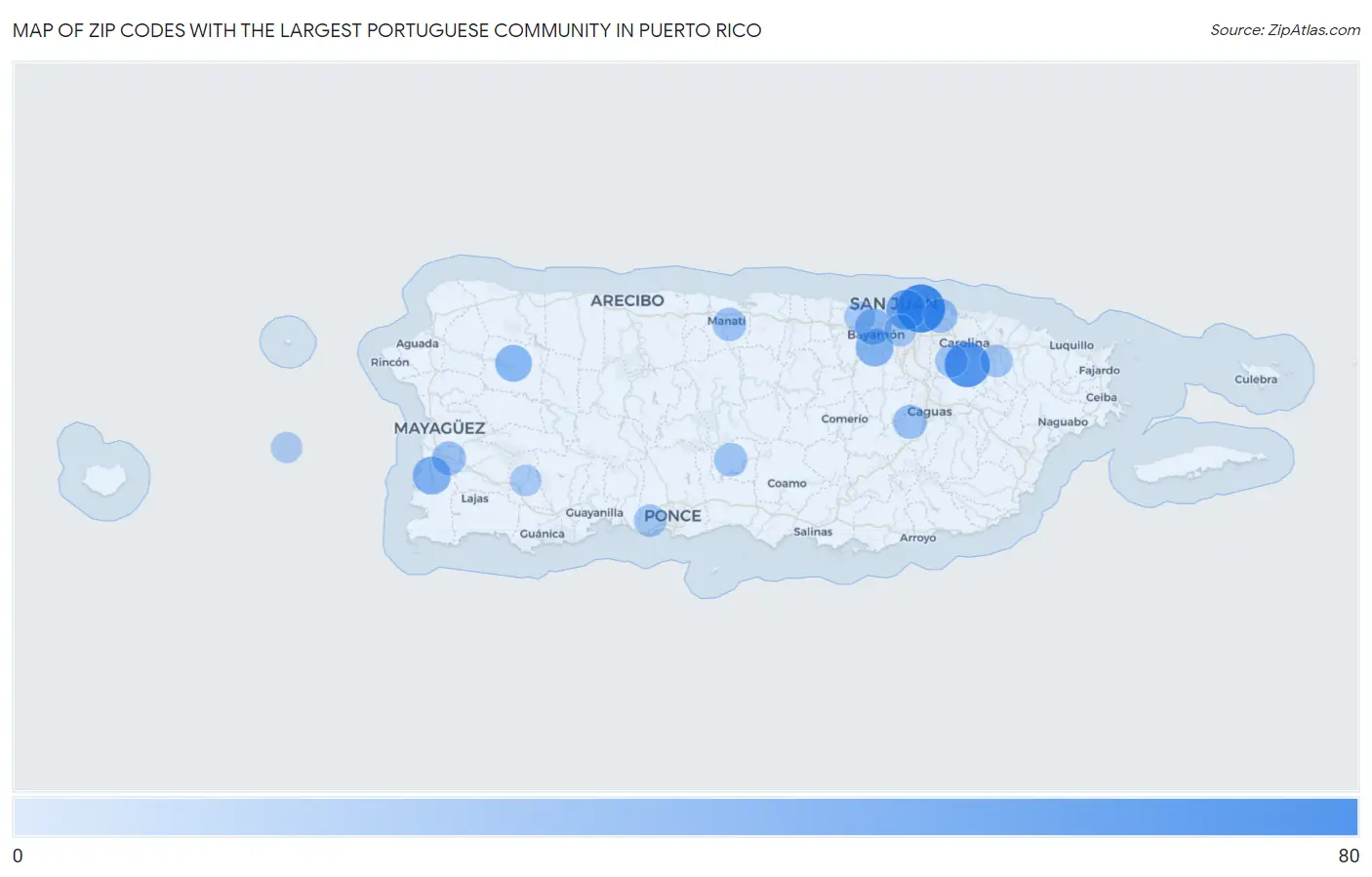 Zip Codes with the Largest Portuguese Community in Puerto Rico Map