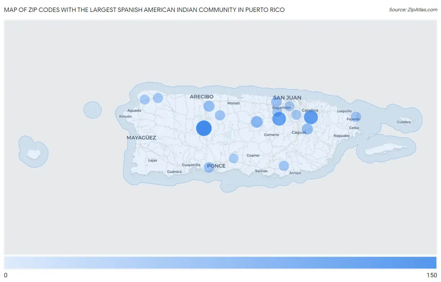 Zip Codes with the Largest Spanish American Indian Community in Puerto Rico Map