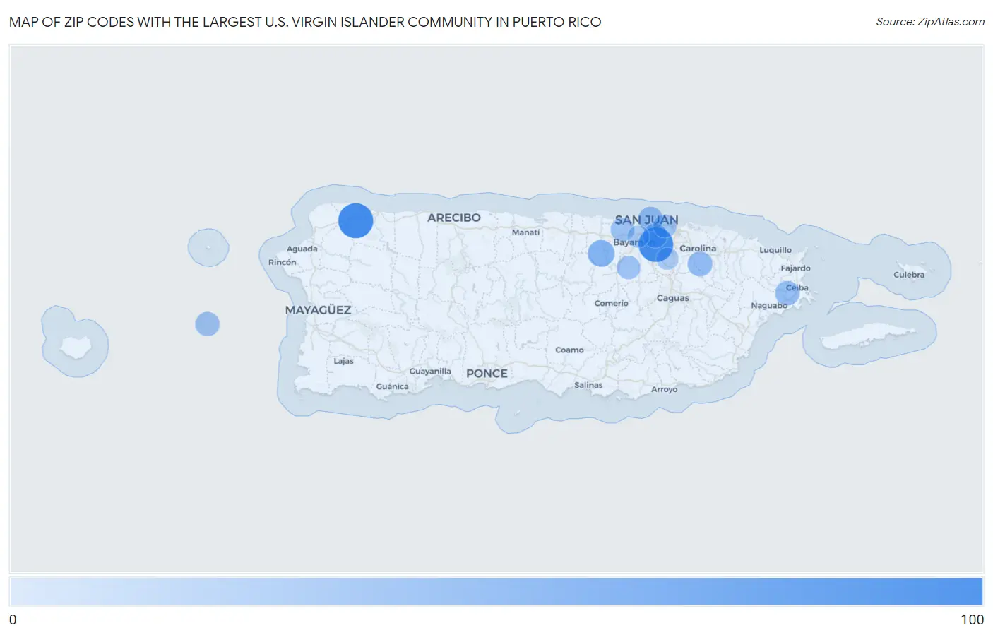 Zip Codes with the Largest U.S. Virgin Islander Community in Puerto Rico Map