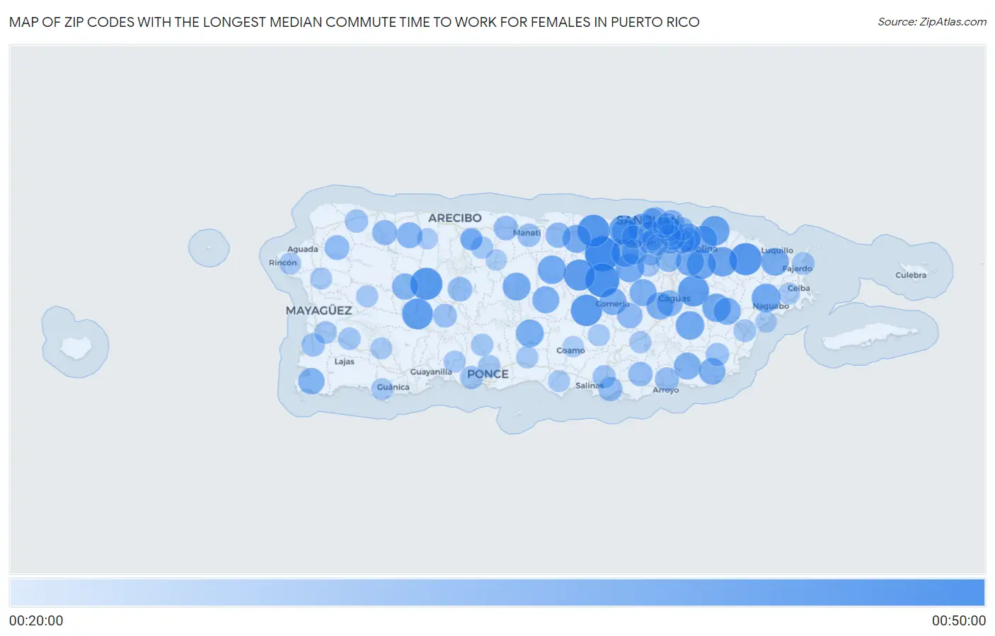 Zip Codes with the Longest Median Commute Time to Work for Females in Puerto Rico Map
