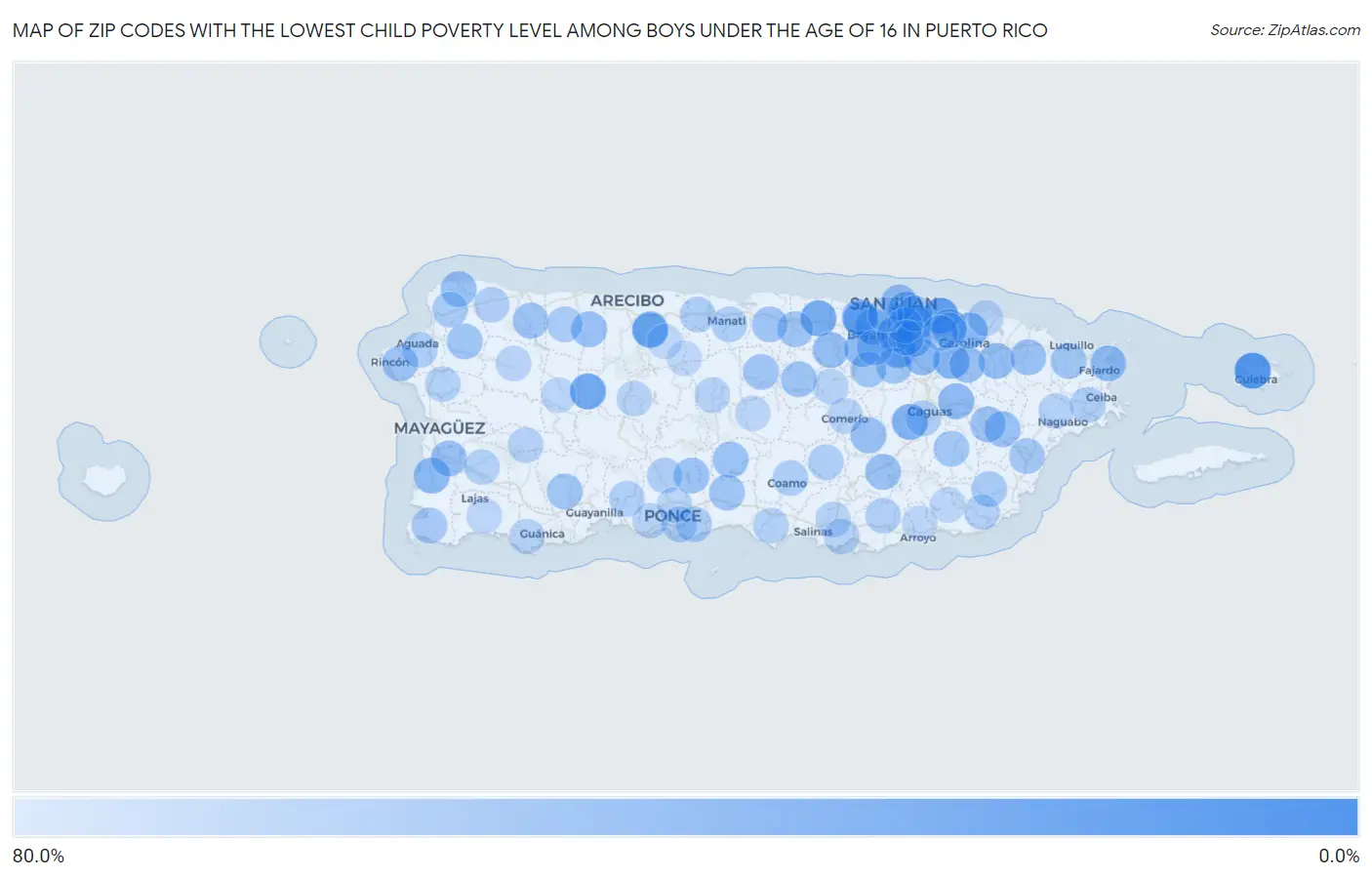 Zip Codes with the Lowest Child Poverty Level Among Boys Under the Age of 16 in Puerto Rico Map