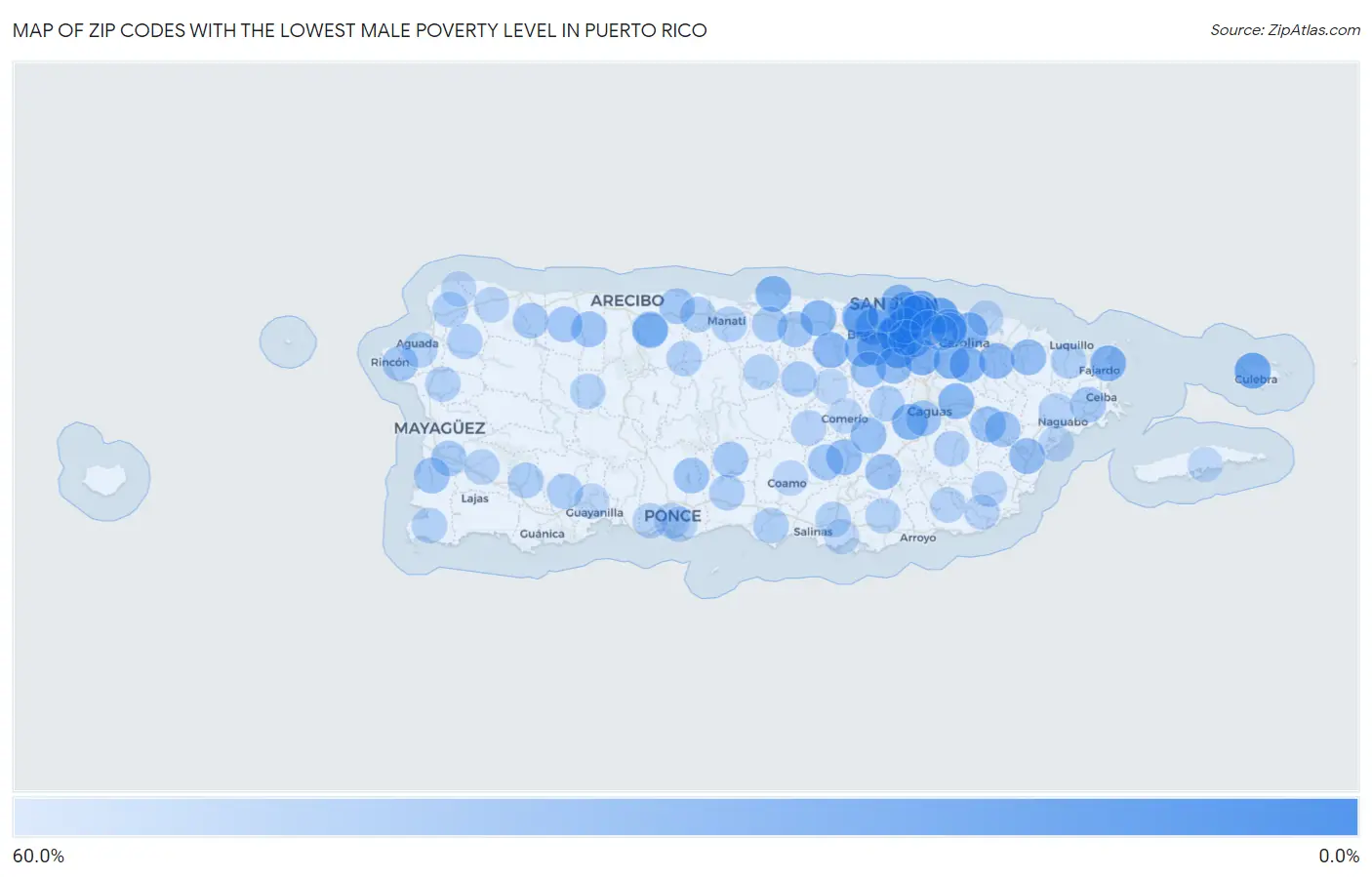 Zip Codes with the Lowest Male Poverty Level in Puerto Rico Map