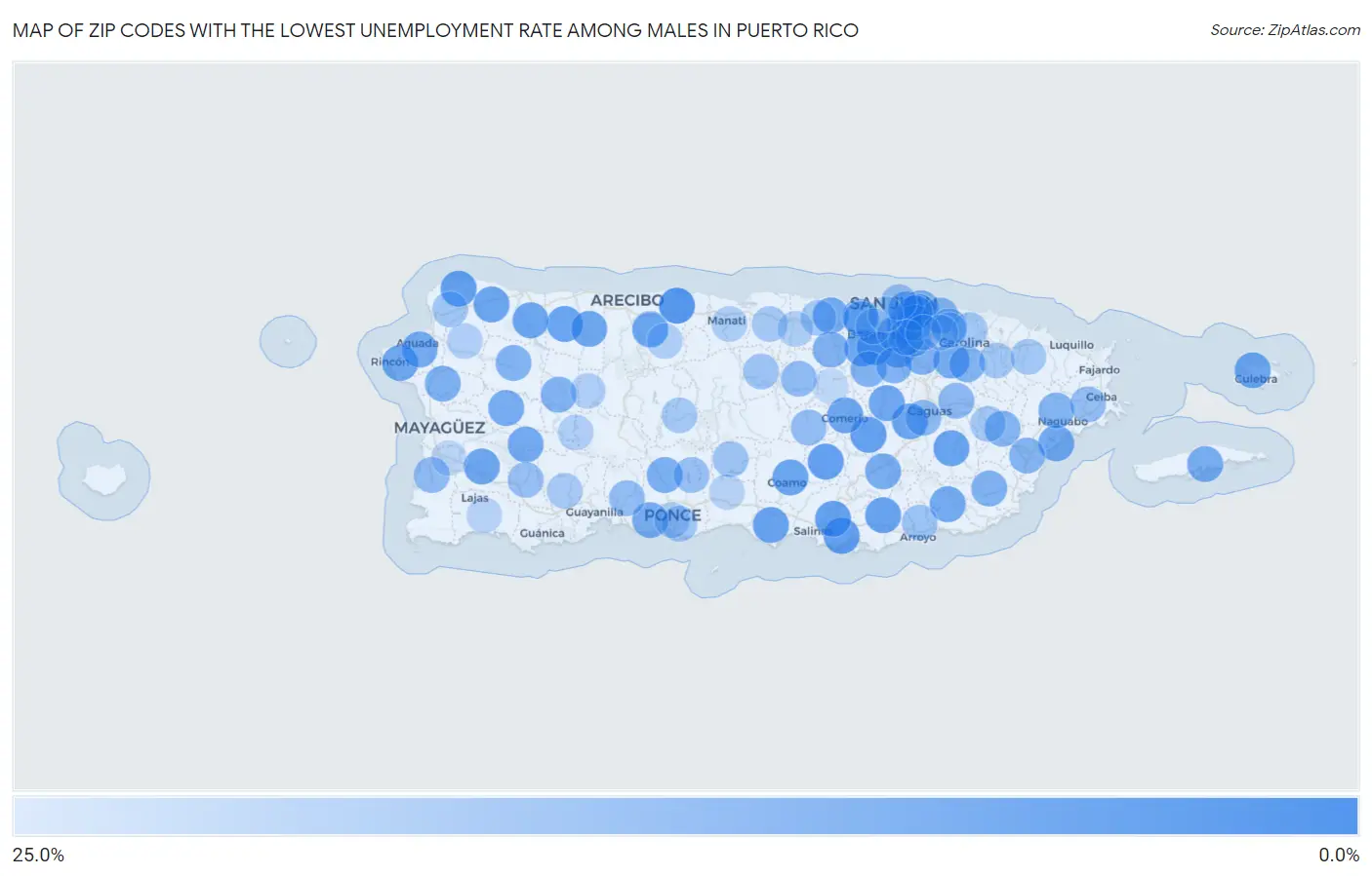 Zip Codes with the Lowest Unemployment Rate Among Males in Puerto Rico Map