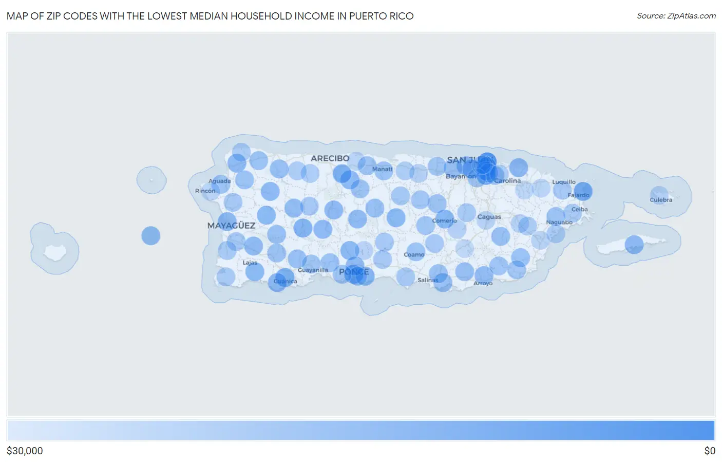 Zip Codes with the Lowest Median Household Income in Puerto Rico Map