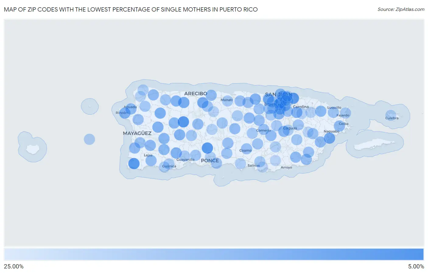 Zip Codes with the Lowest Percentage of Single Mothers in Puerto Rico Map