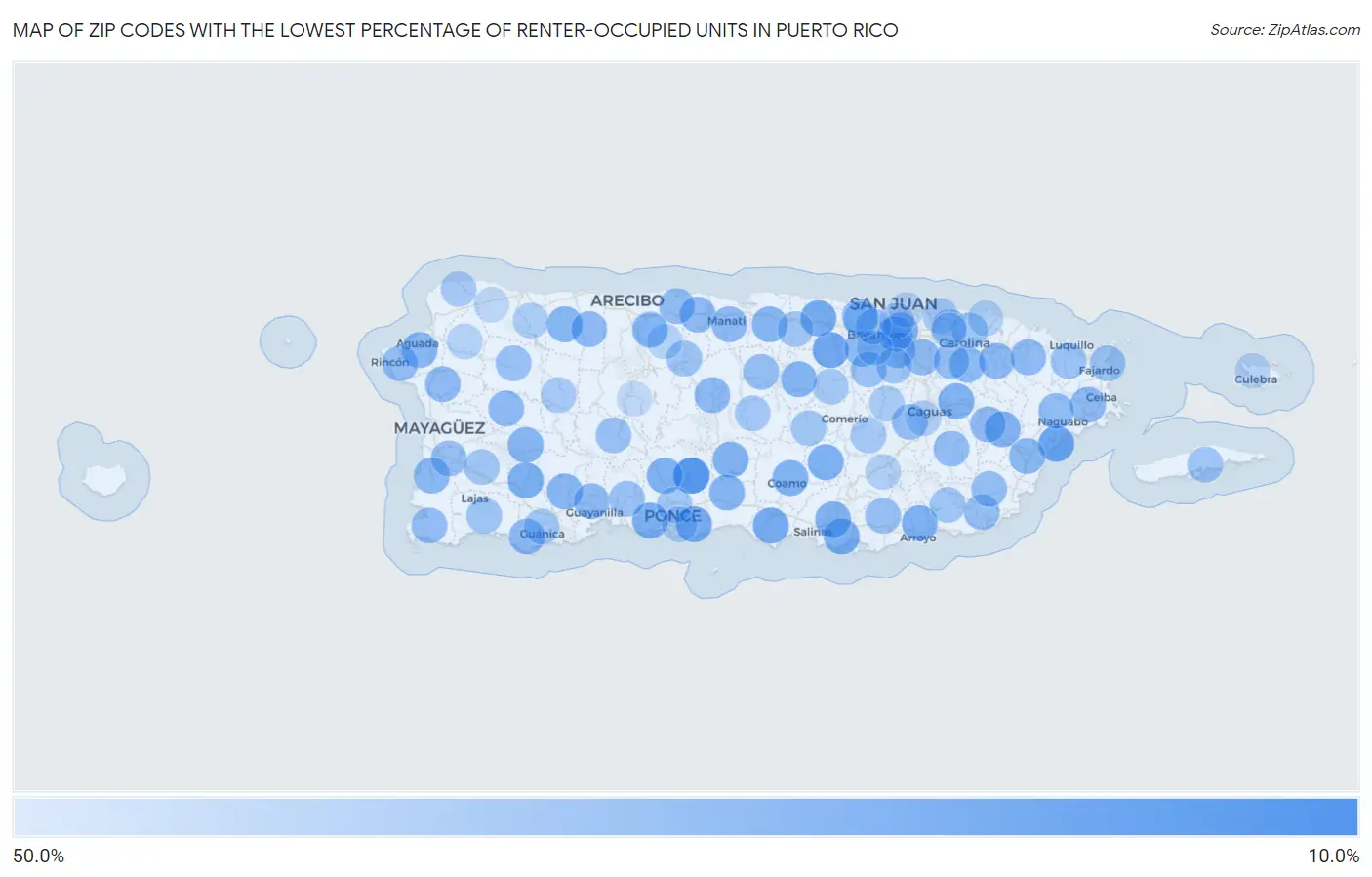 Zip Codes with the Lowest Percentage of Renter-Occupied Units in Puerto Rico Map