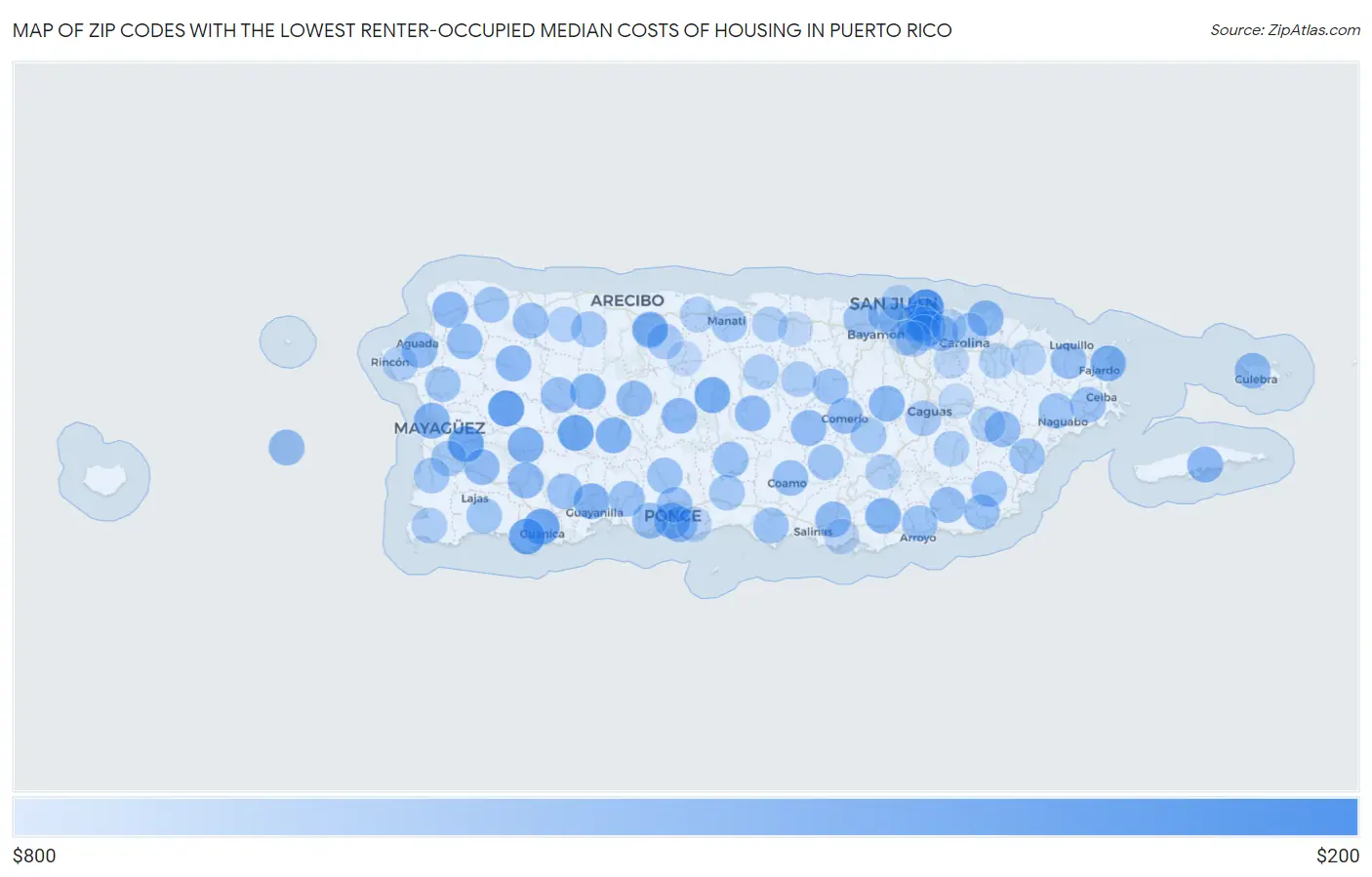 Zip Codes with the Lowest Renter-Occupied Median Costs of Housing in Puerto Rico Map