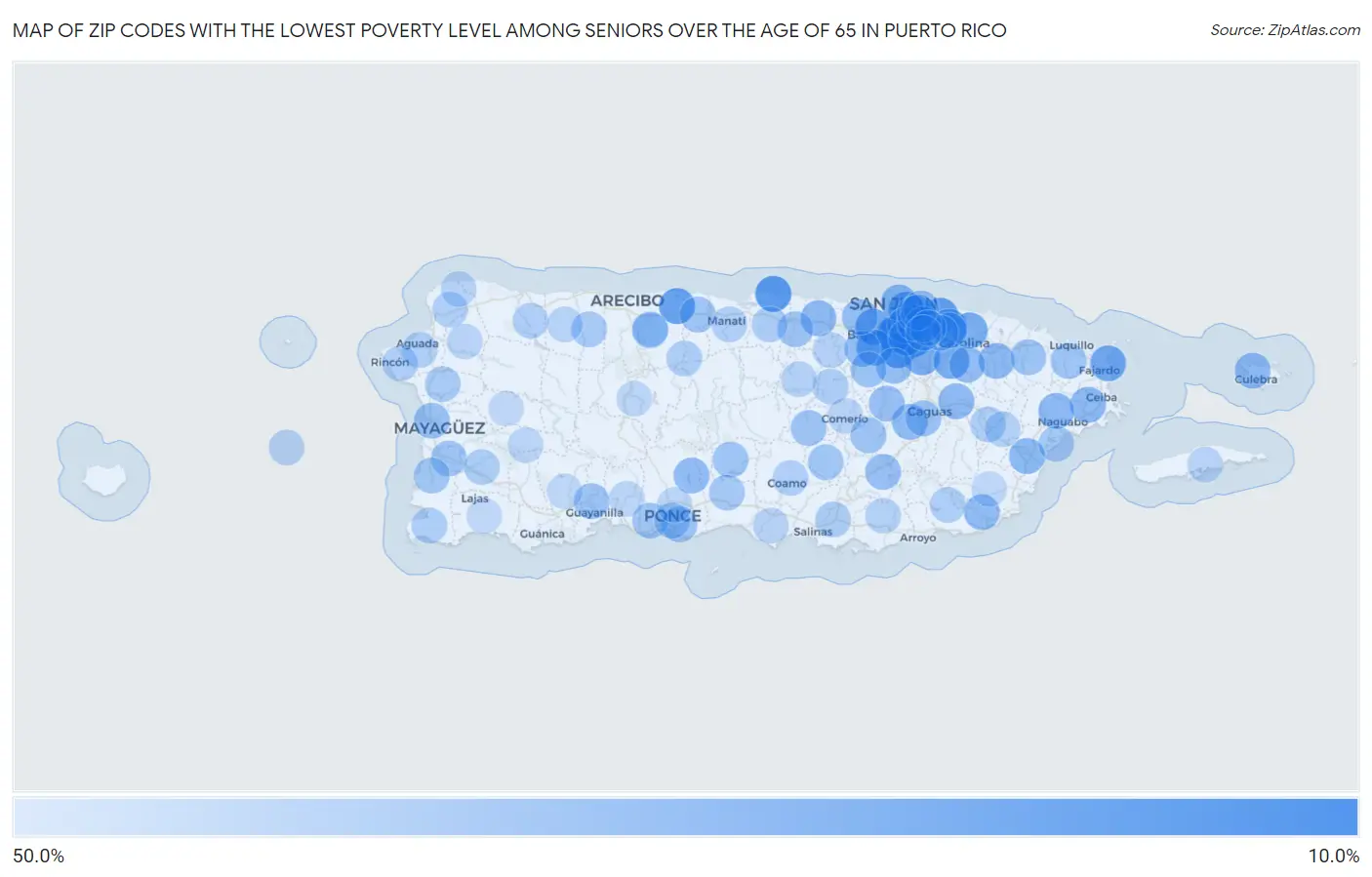 Zip Codes with the Lowest Poverty Level Among Seniors Over the Age of 65 in Puerto Rico Map